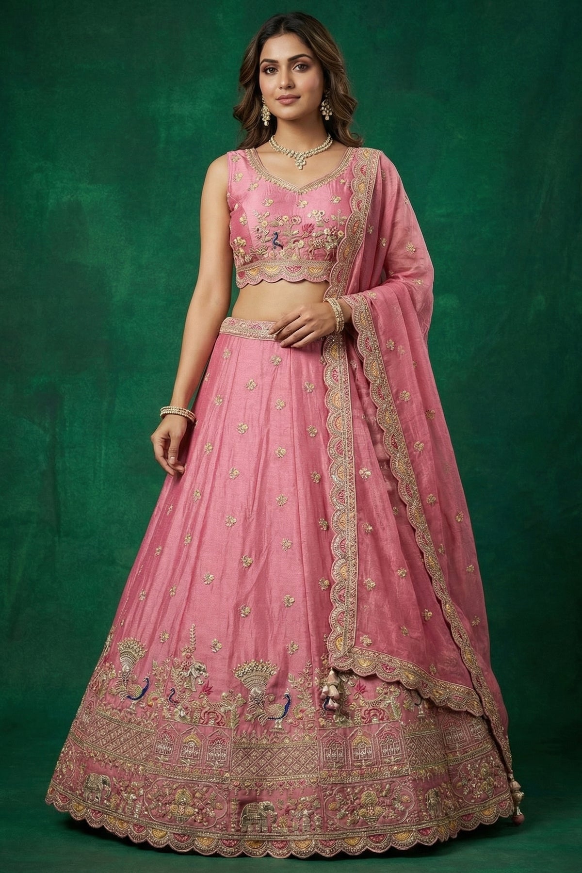 Pink Tissue Lehenga Choli with Elephant and Peacock Heritage Embroidery