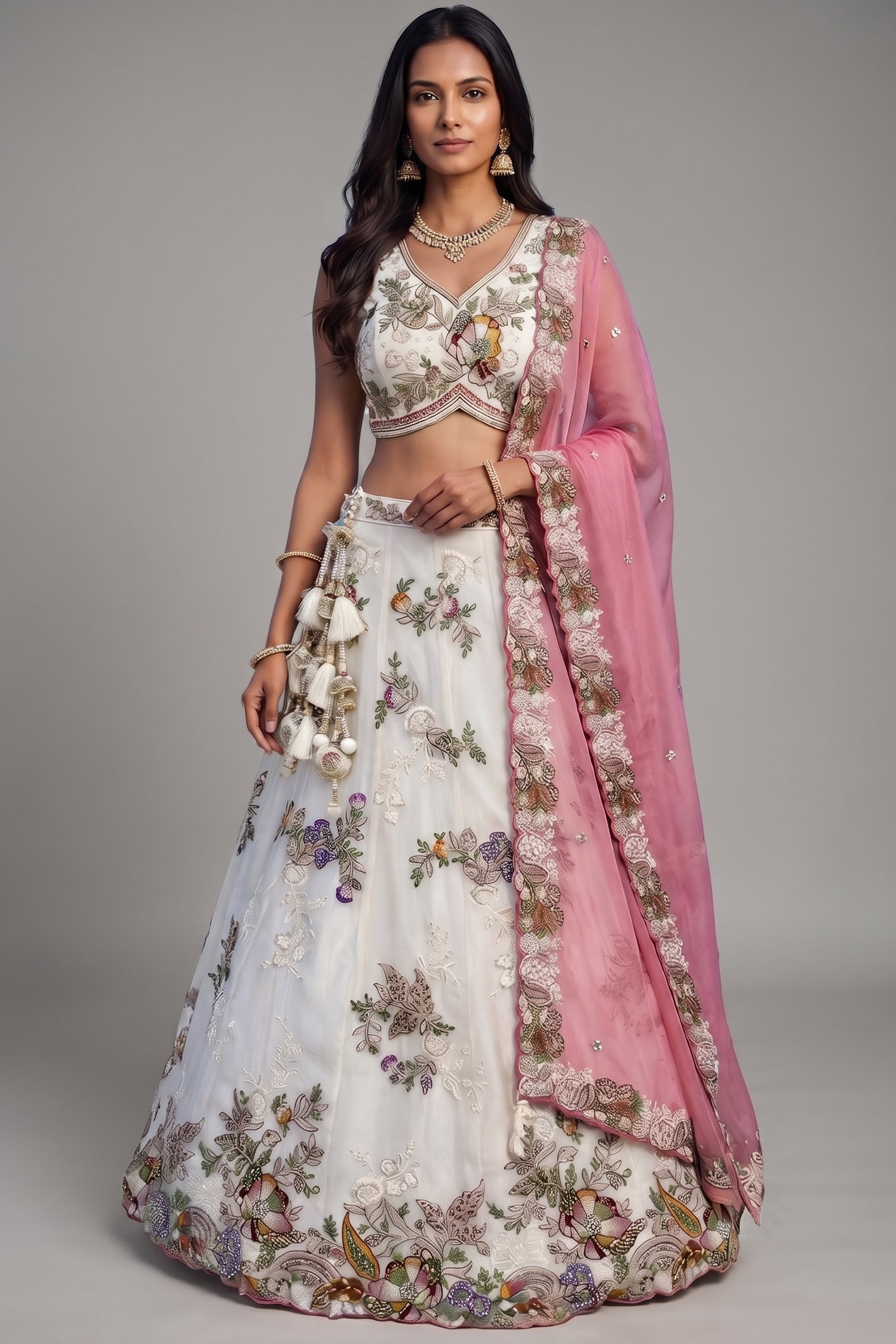 Cream Tissue Lehenga Choli with Contrast Dupatta and Botanical Embroidery Main image