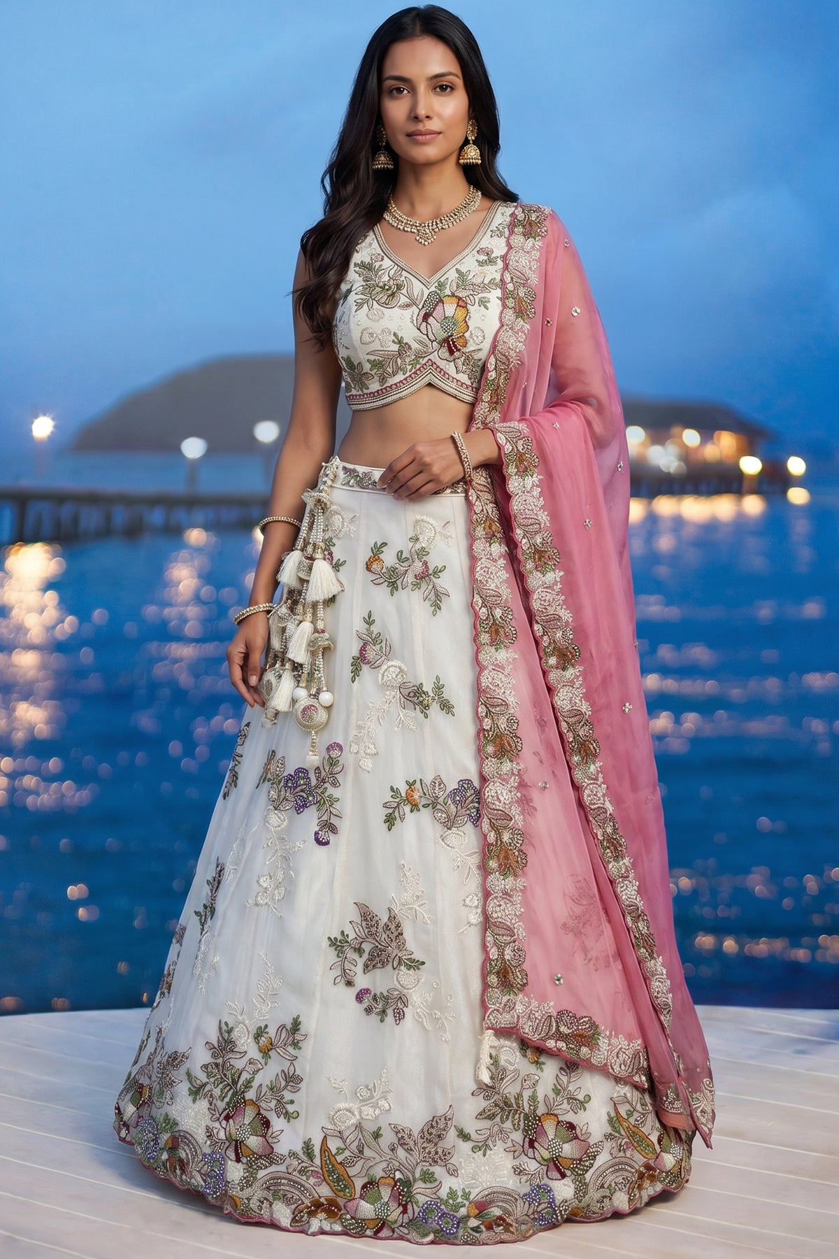 Cream Tissue Lehenga Choli with Contrast Dupatta and Botanical Embroidery