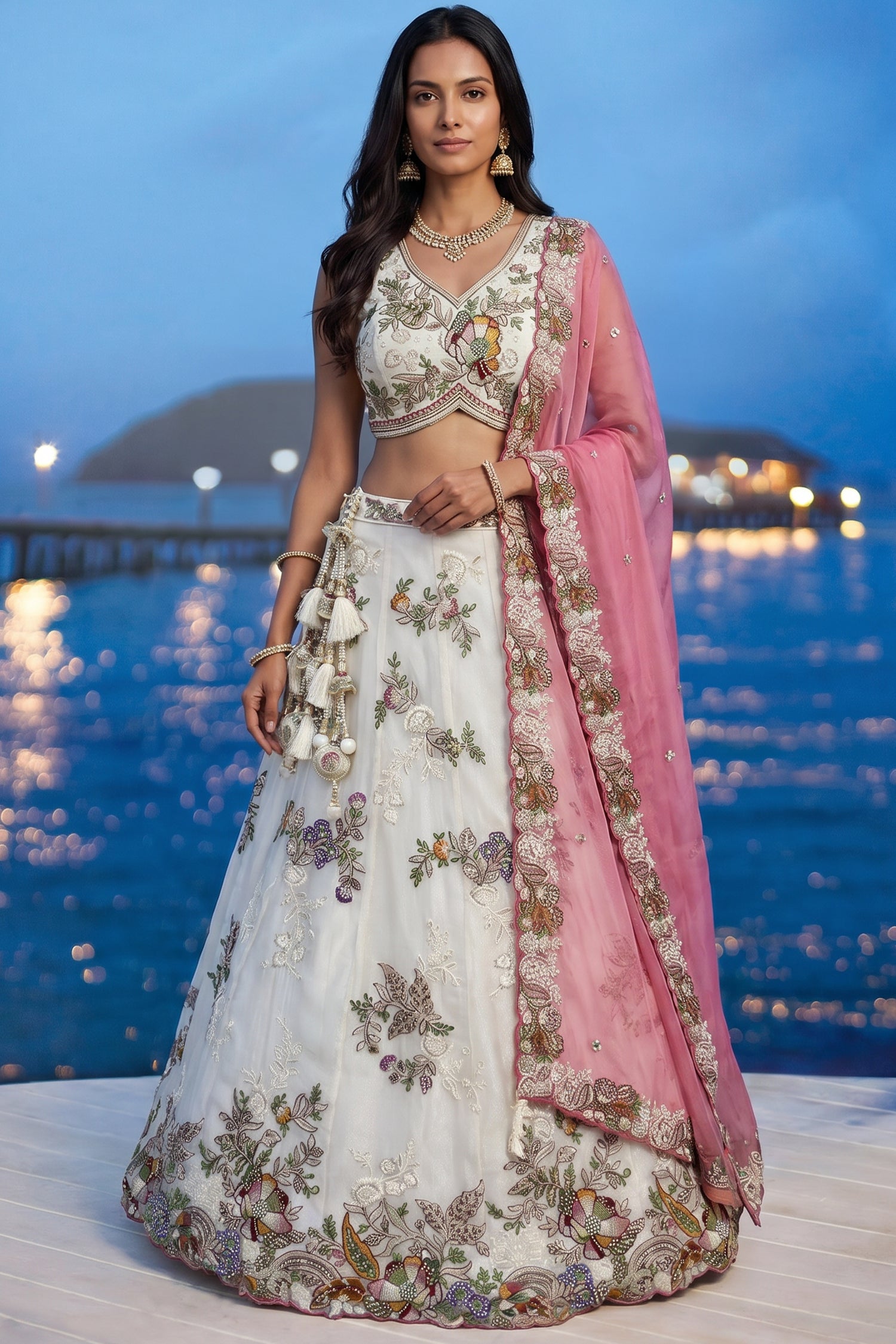 Cream Tissue Lehenga Choli with Contrast Dupatta and Botanical Embroidery