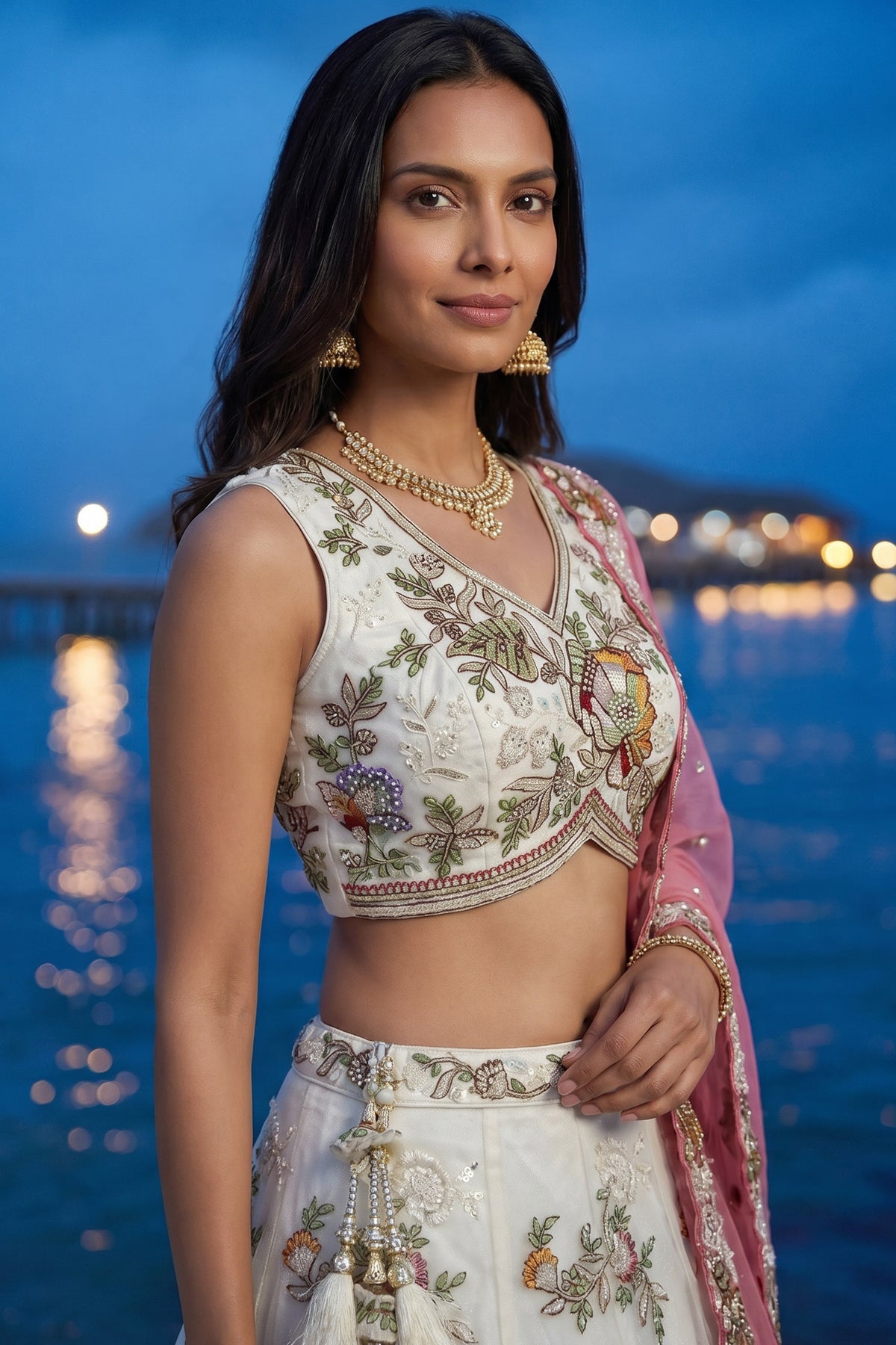 Cream Tissue Lehenga Choli with Contrast Dupatta and Botanical Embroidery