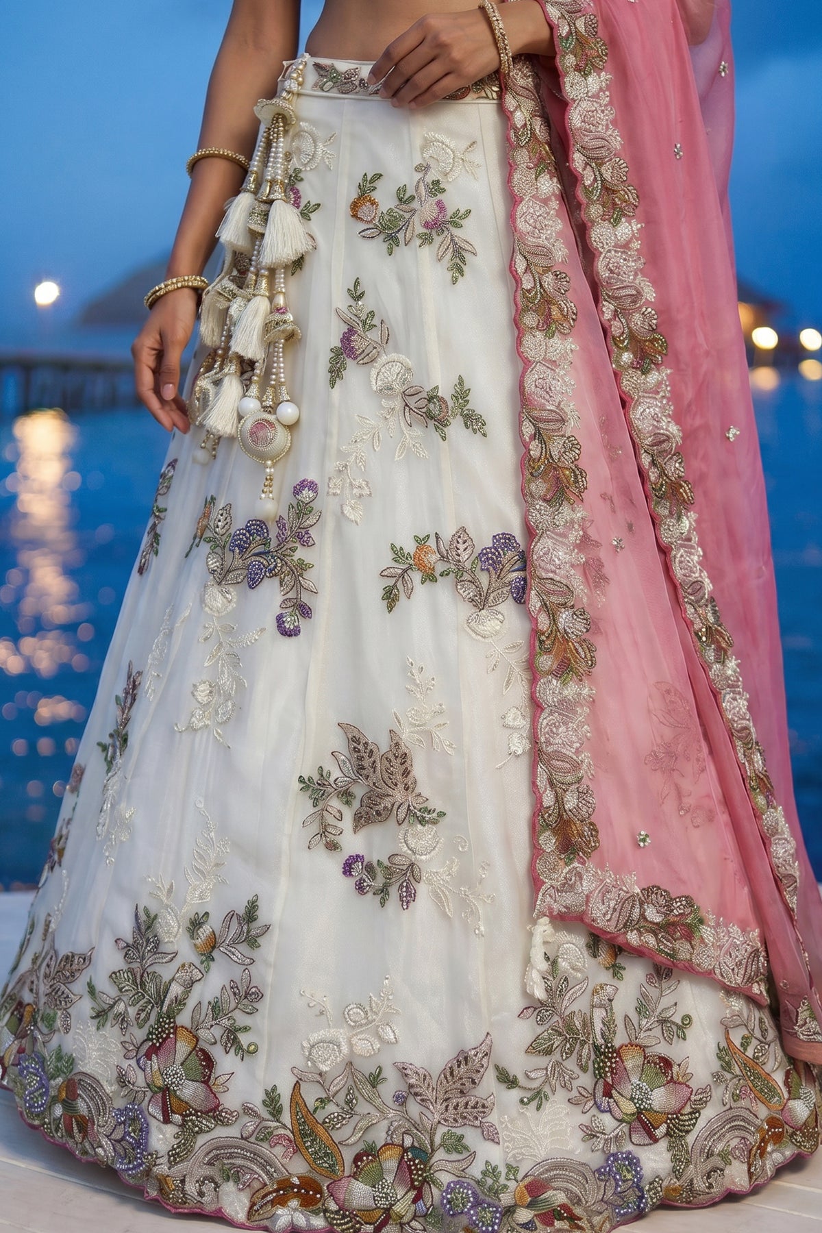 Cream Tissue Lehenga Choli with Contrast Dupatta and Botanical Embroidery