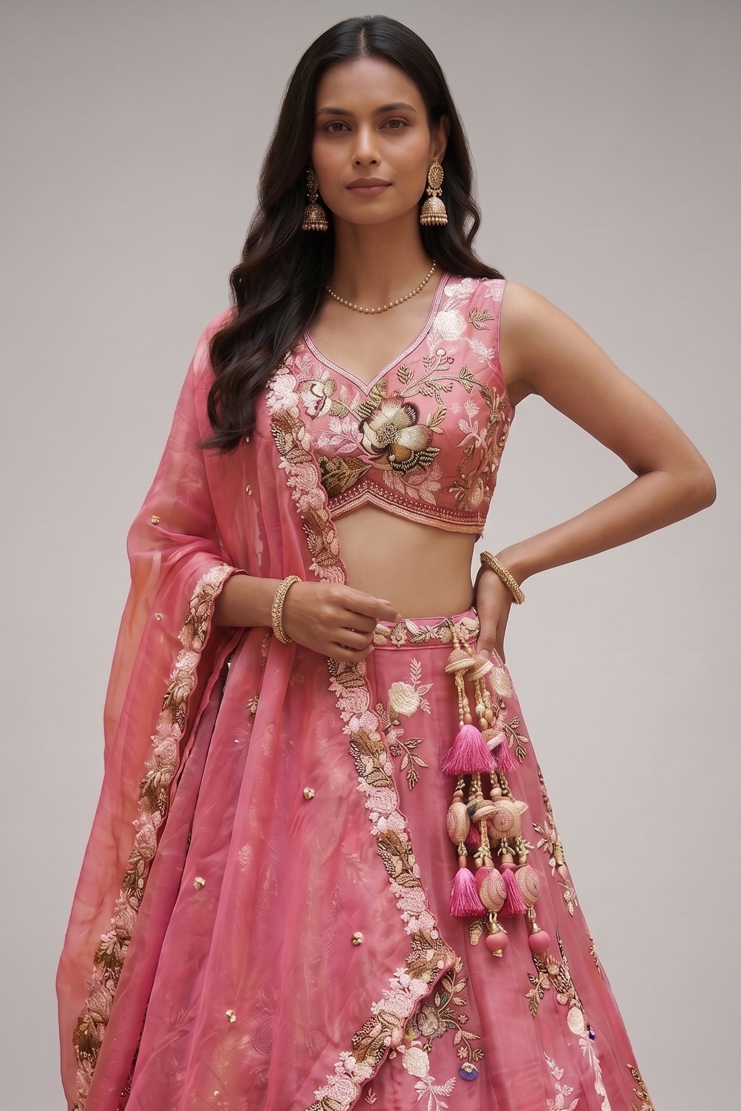 Rose Pink Silk Tissue Lehenga Choli with Scalloped Floral Embroidery Secondary image