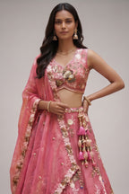 Rose Pink Silk Tissue Lehenga Choli with Scalloped Floral Embroidery
