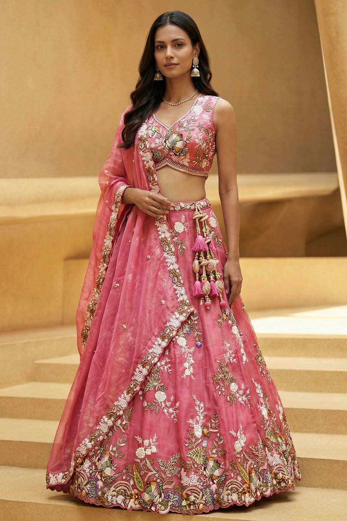 Rose Pink Silk Tissue Lehenga Choli with Scalloped Floral Embroidery