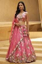 Rose Pink Silk Tissue Lehenga Choli with Scalloped Floral Embroidery