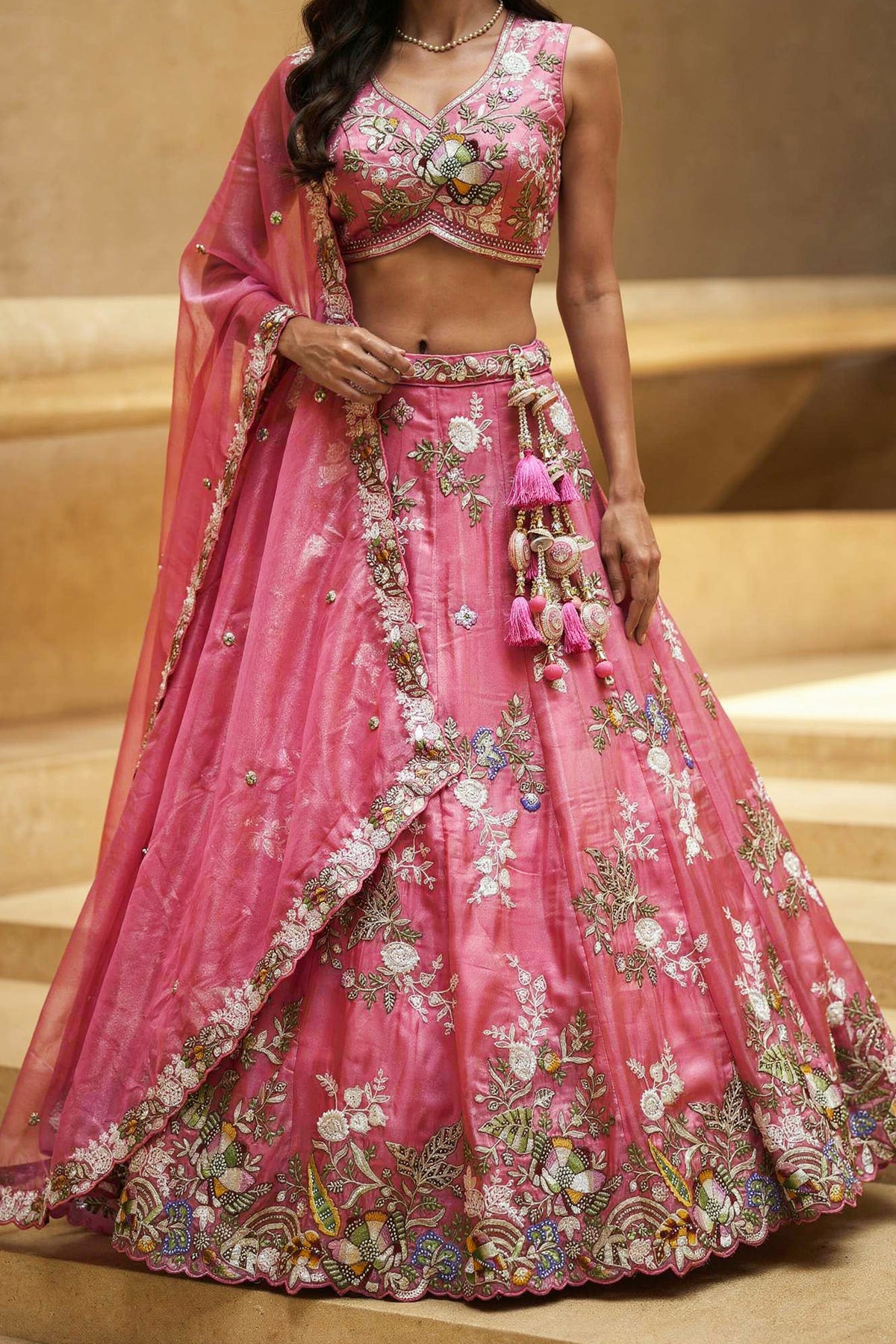 Rose Pink Silk Tissue Lehenga Choli with Scalloped Floral Embroidery