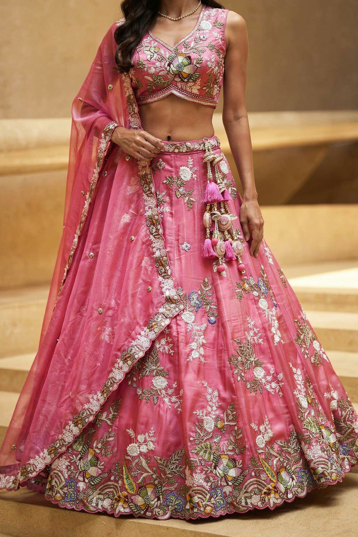 Rose Pink Silk Tissue Lehenga Choli with Scalloped Floral Embroidery