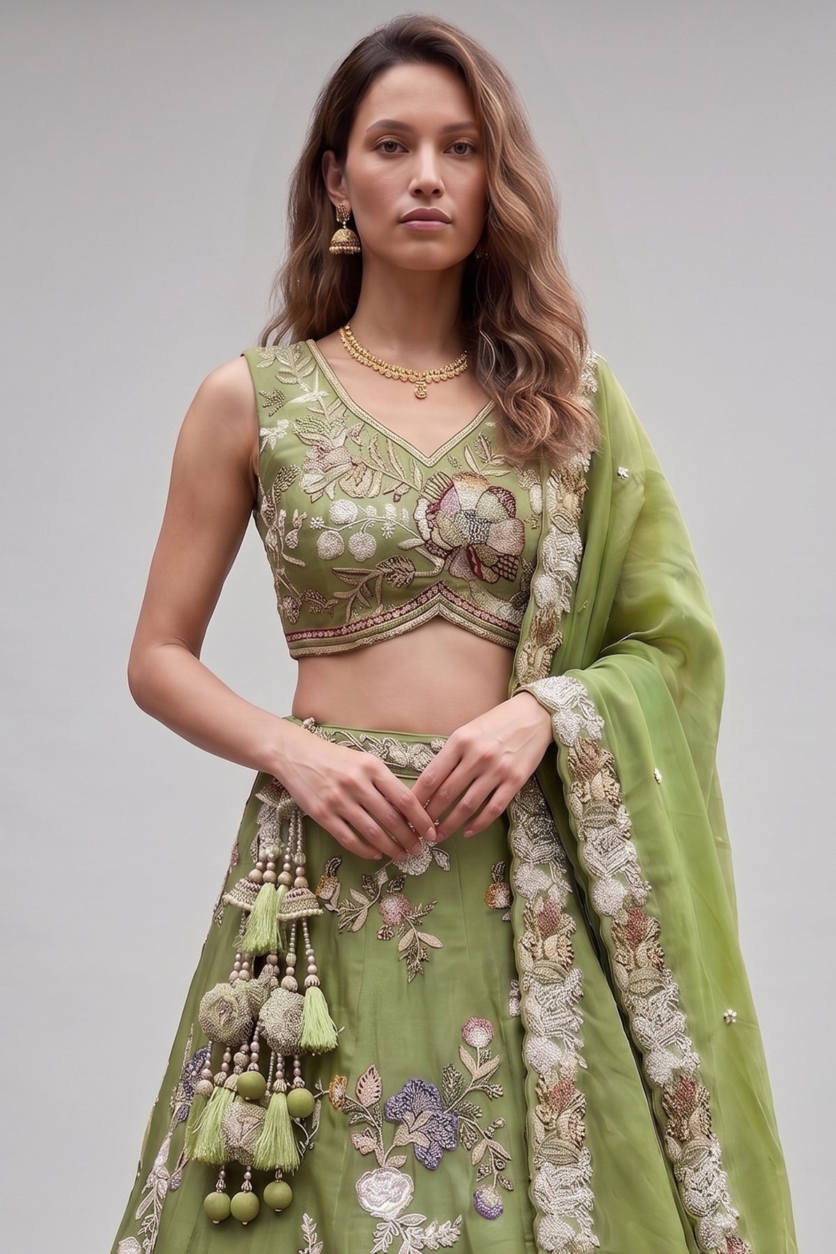 Pista Green Tissue Lehenga Choli with Botanical Embroidery and Tassels