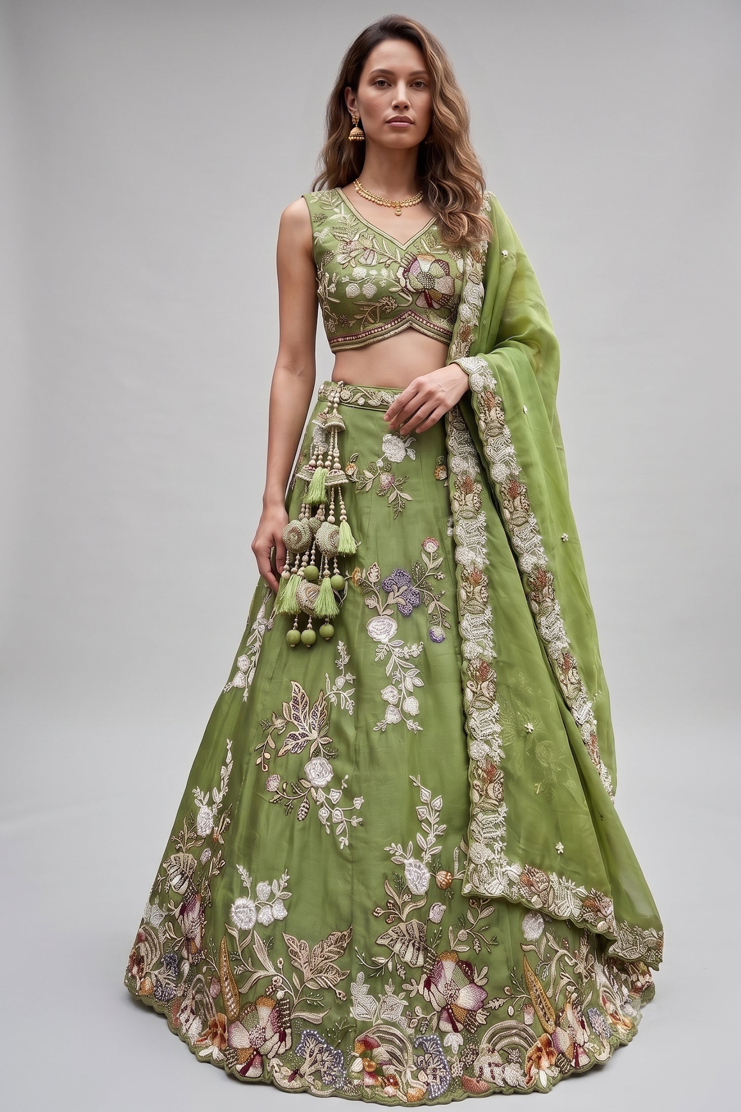 Pista Green Tissue Lehenga Choli with Botanical Embroidery and Tassels Main image