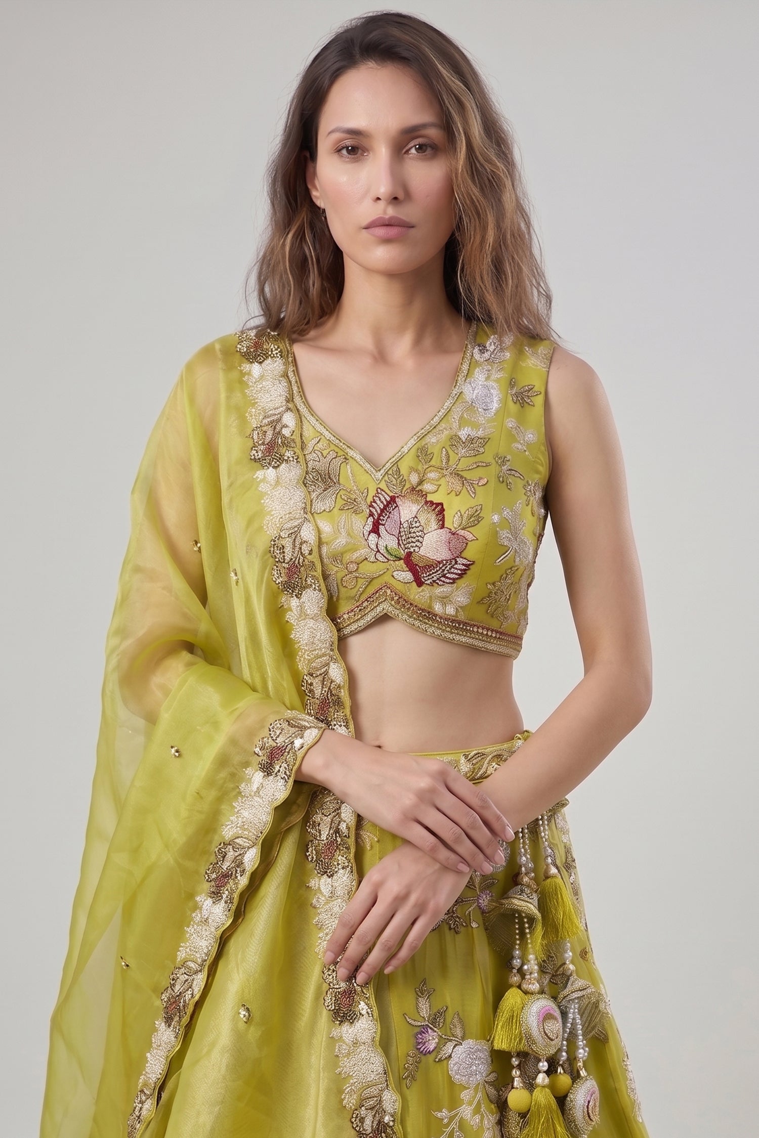 Lime Yellow Tissue Lehenga Choli with Scalloped Floral Embroidery Secondary image