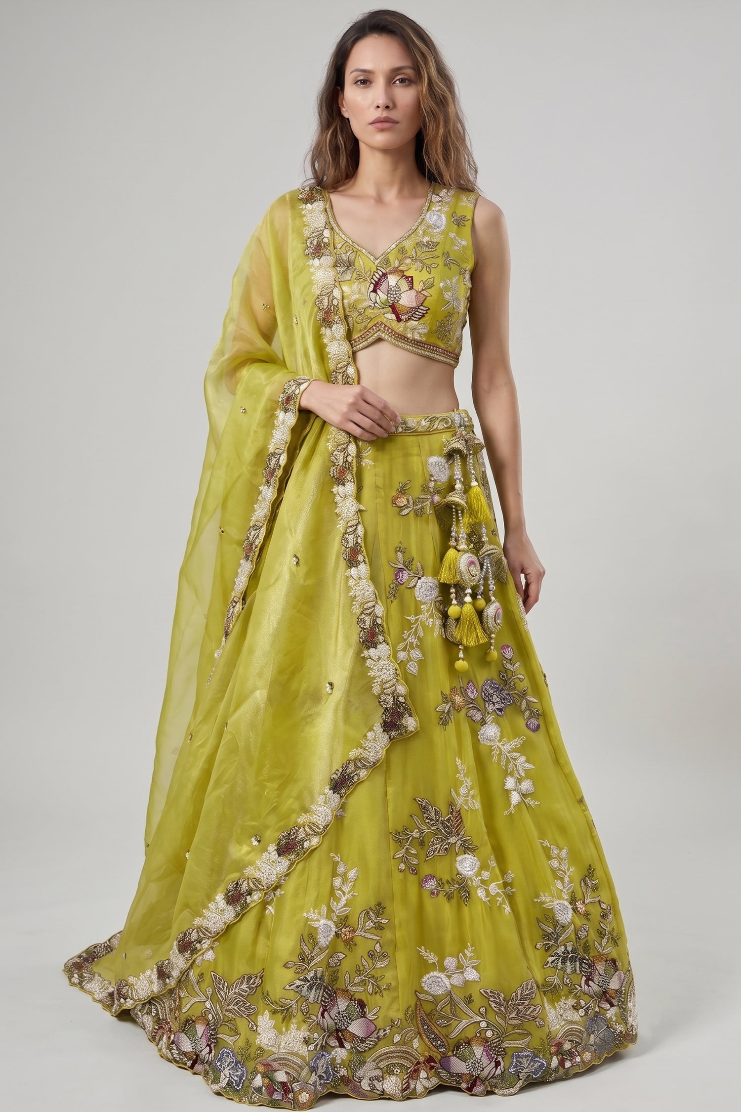 Lime Yellow Tissue Lehenga Choli with Scalloped Floral Embroidery Main image