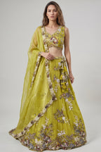Lime Yellow Tissue Lehenga Choli with Scalloped Floral Embroidery