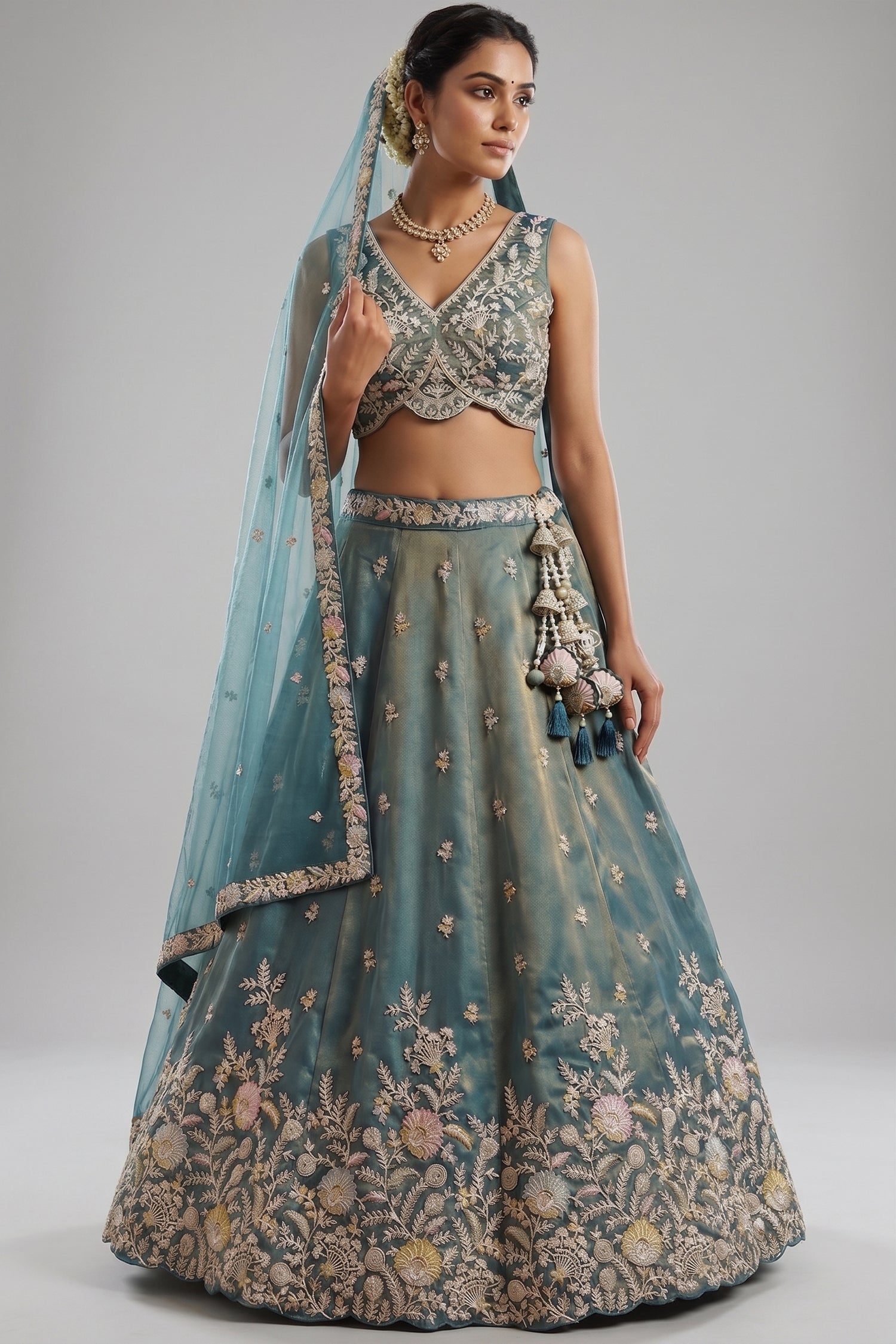 Metallic Teal Tissue Lehenga Choli with Floral Border Main image