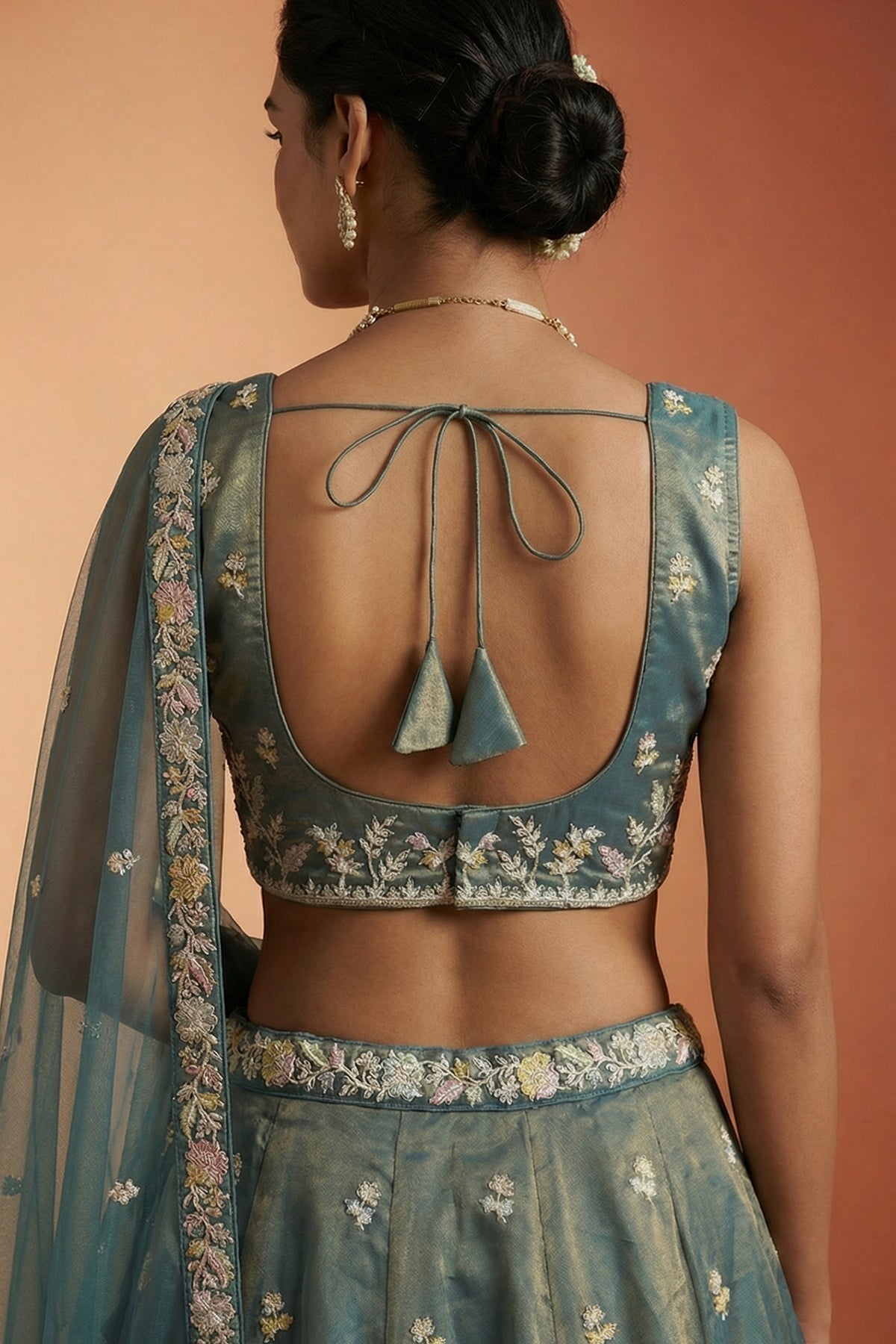 Metallic Teal Tissue Lehenga Choli with Floral Border