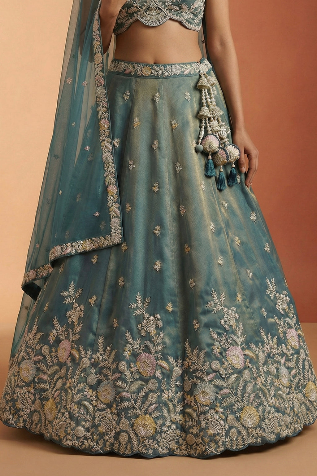 Metallic Teal Tissue Lehenga Choli with Floral Border