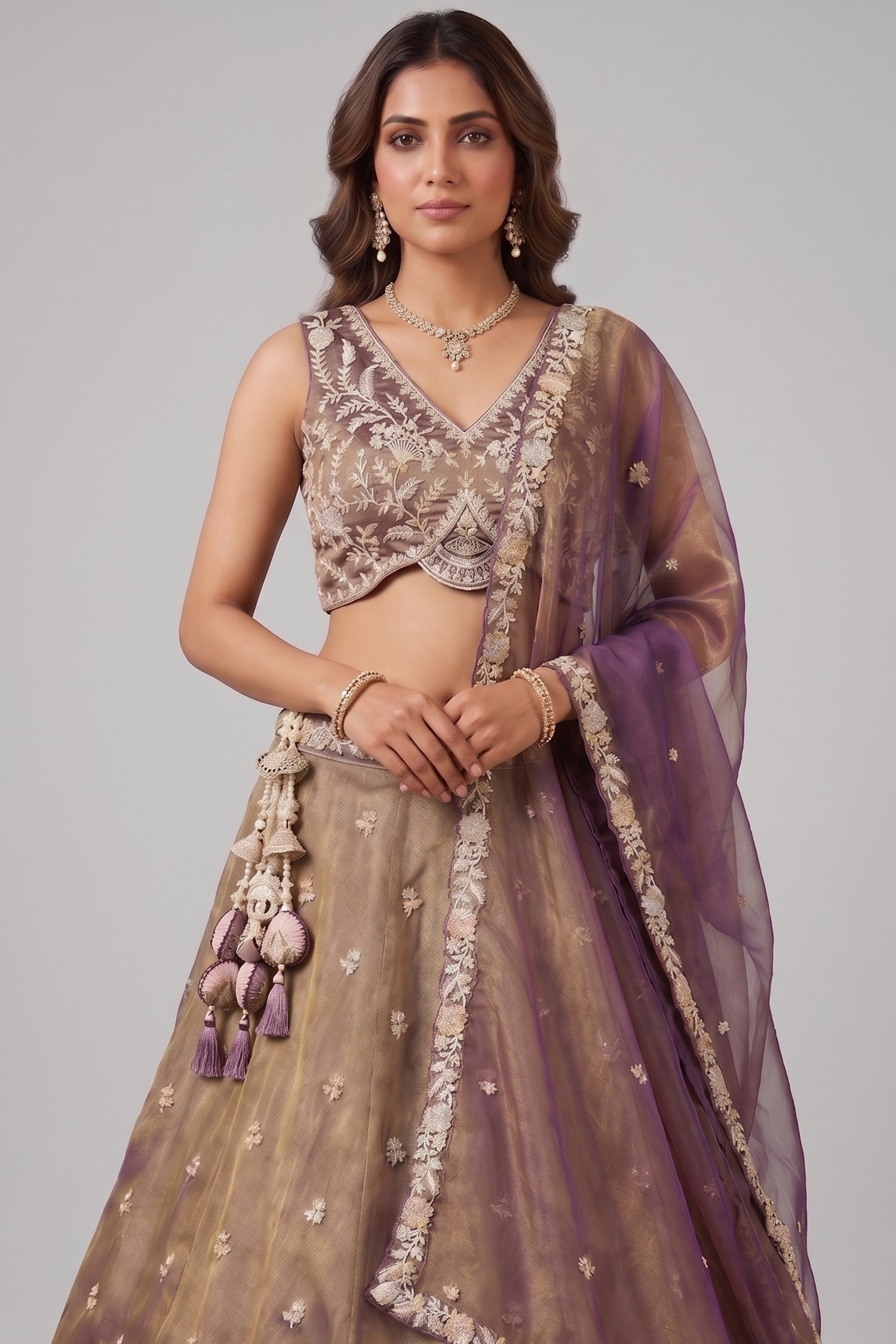Bronze Tissue Lehenga Choli with Contrast Net Dupatta Secondary image