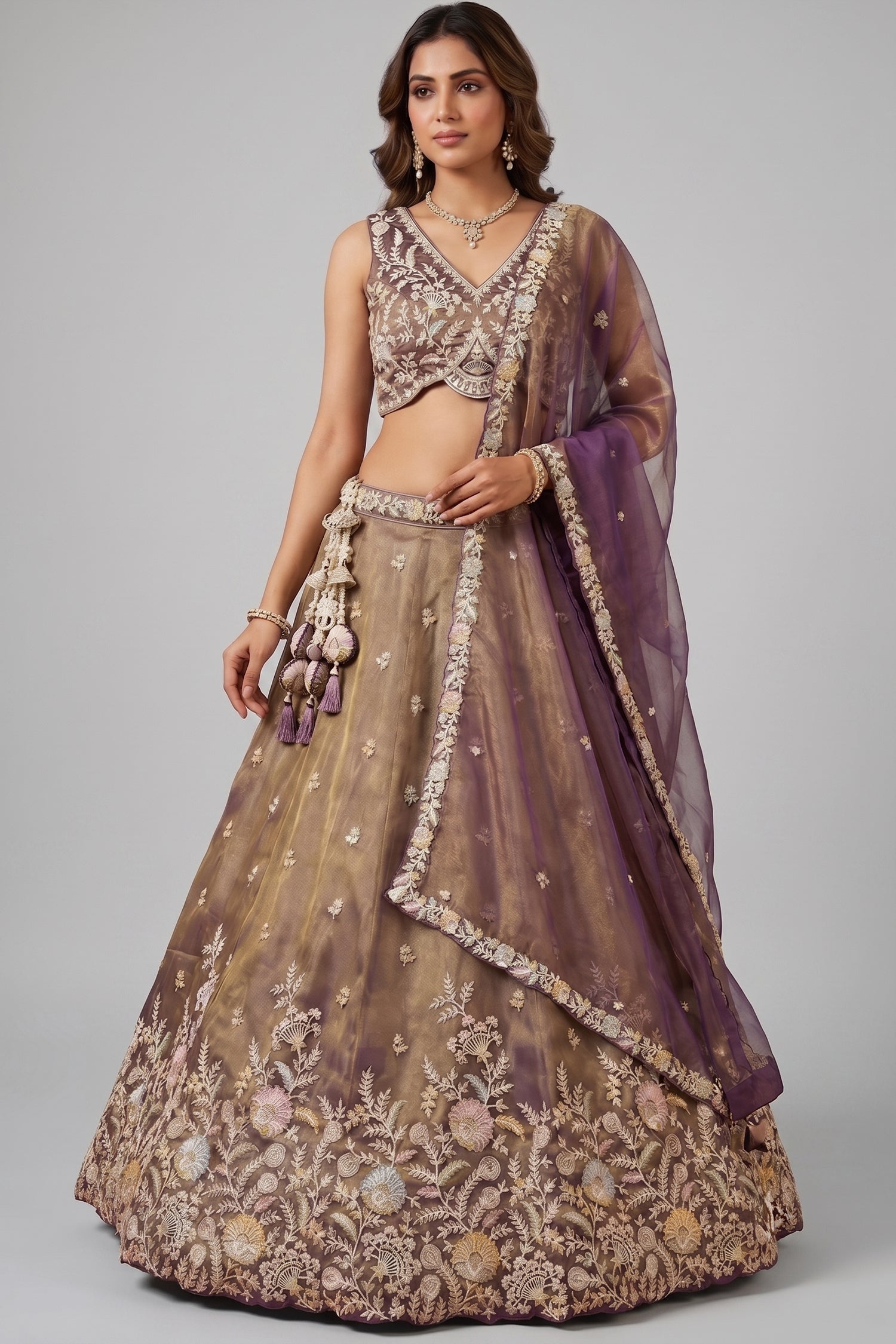 Bronze Tissue Lehenga Choli with Contrast Net Dupatta Main image
