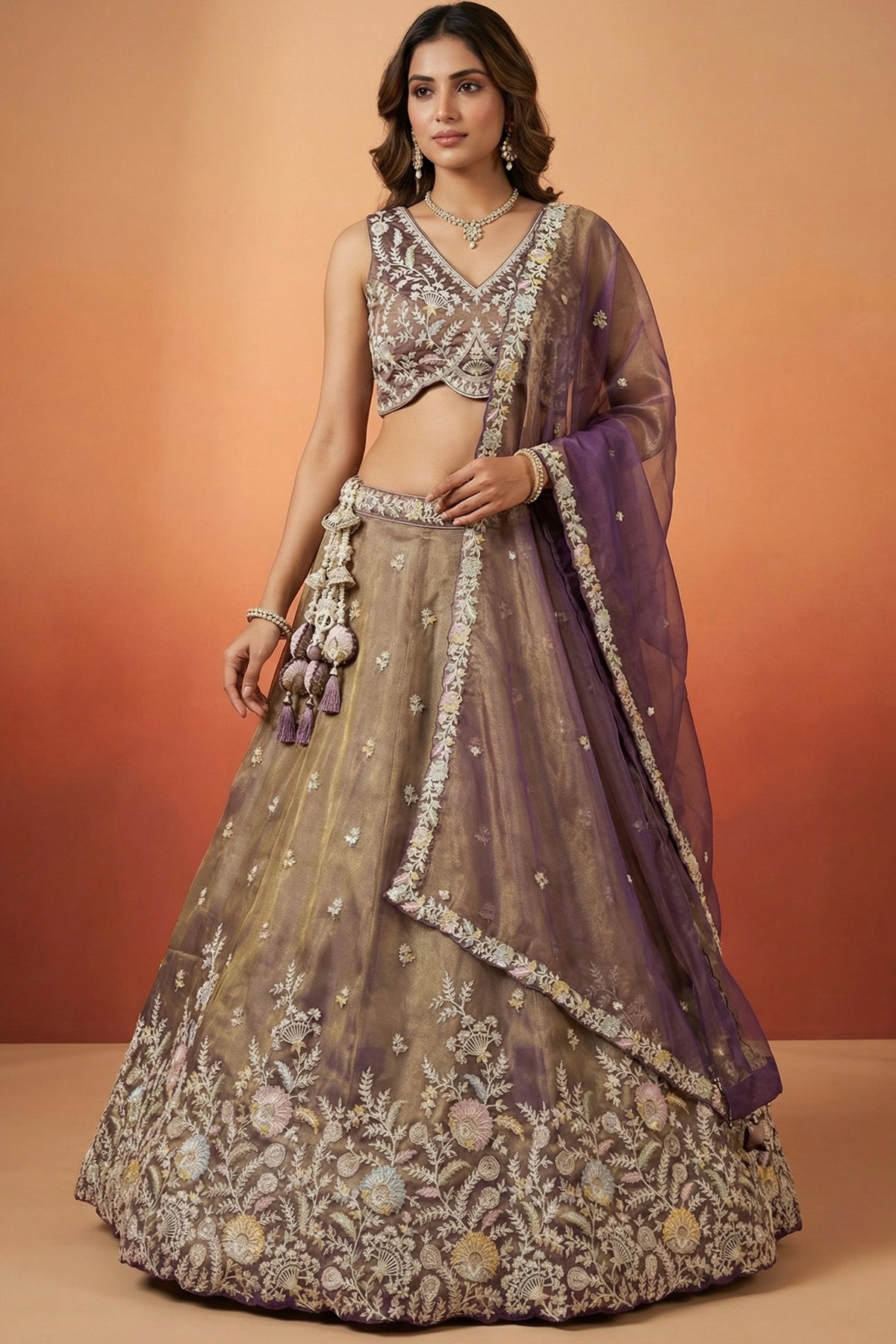Bronze Tissue Lehenga Choli with Contrast Net Dupatta