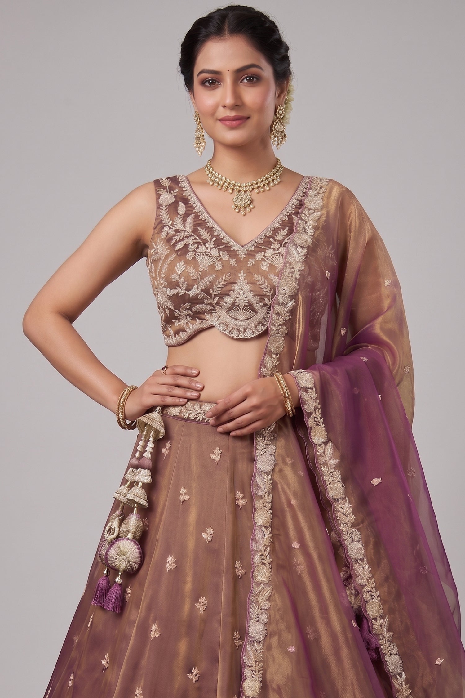 Rust Tissue Lehenga Choli with Embellished Floral Hem Secondary image