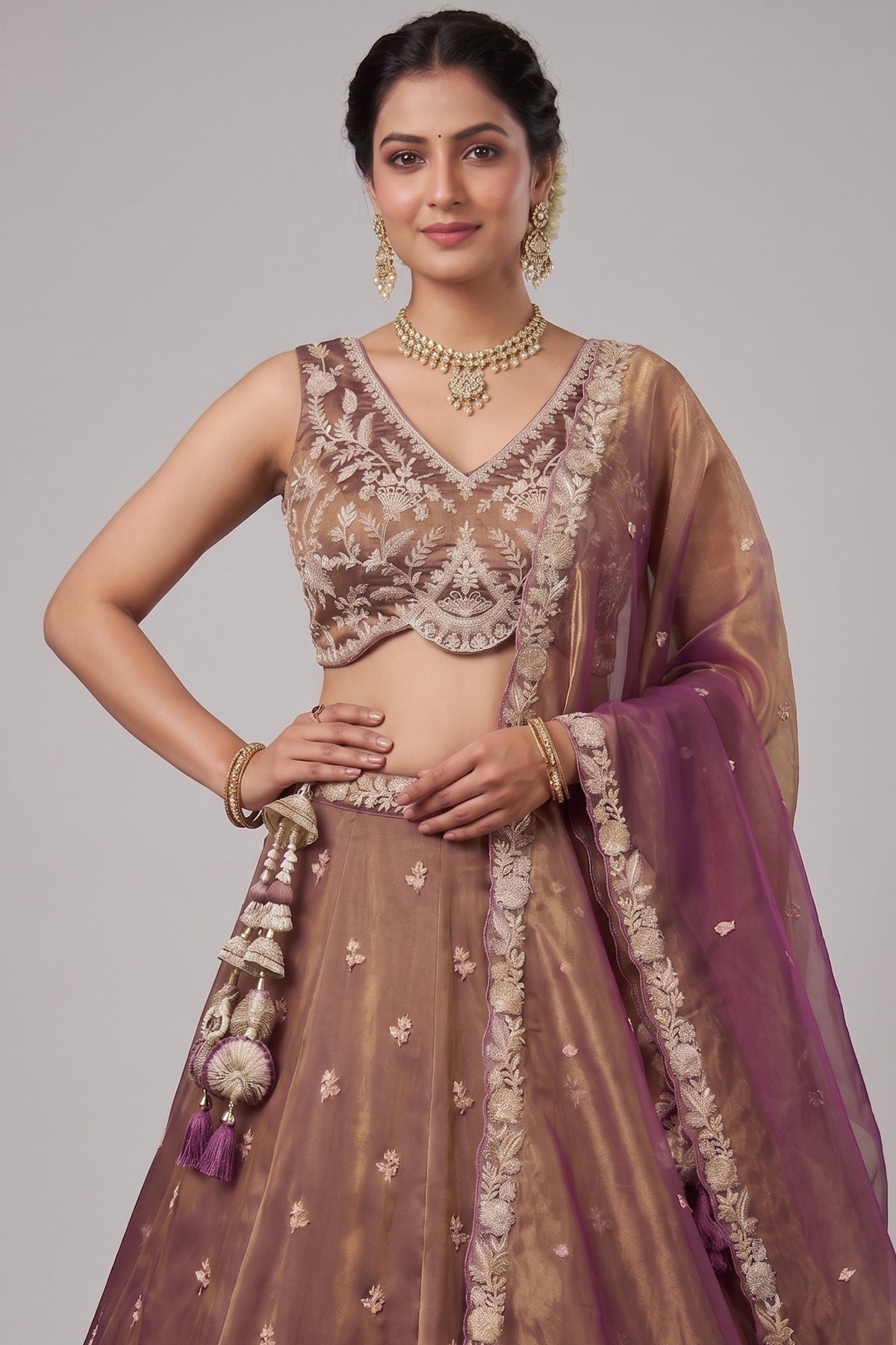Rust Tissue Lehenga Choli with Embellished Floral Hem