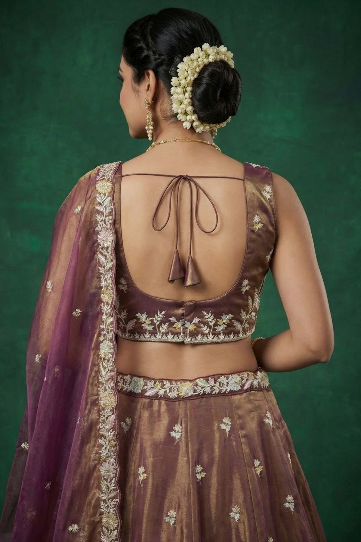 Rust Tissue Lehenga Choli with Embellished Floral Hem