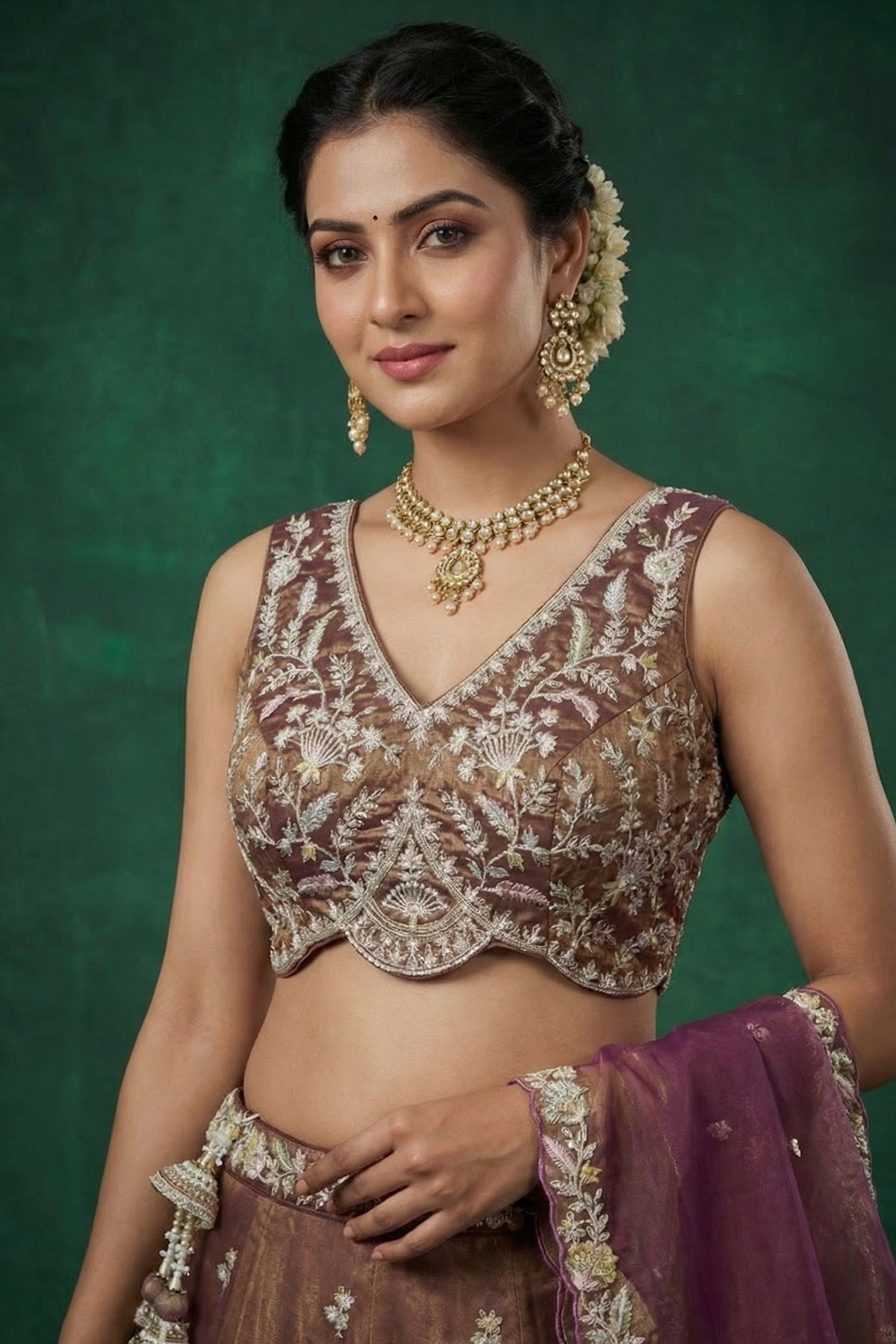 Rust Tissue Lehenga Choli with Embellished Floral Hem