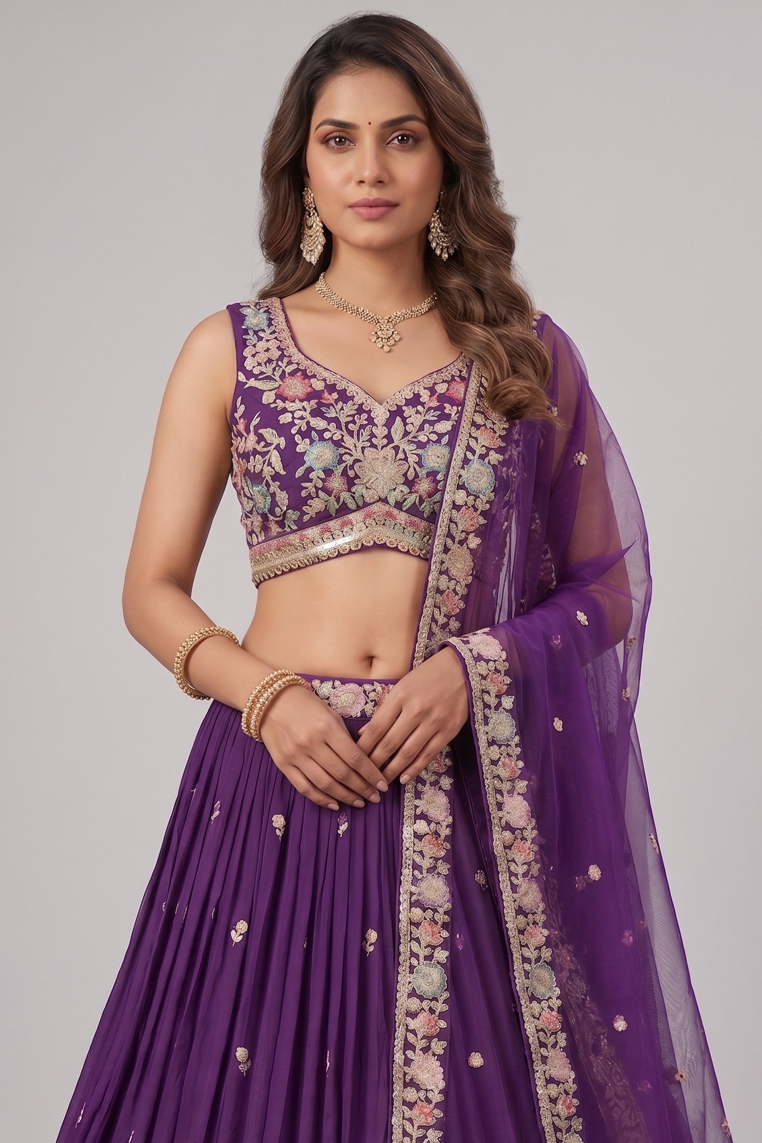 Deep Purple Pleated Georgette Lehenga Choli with Floral Embroidery Secondary image