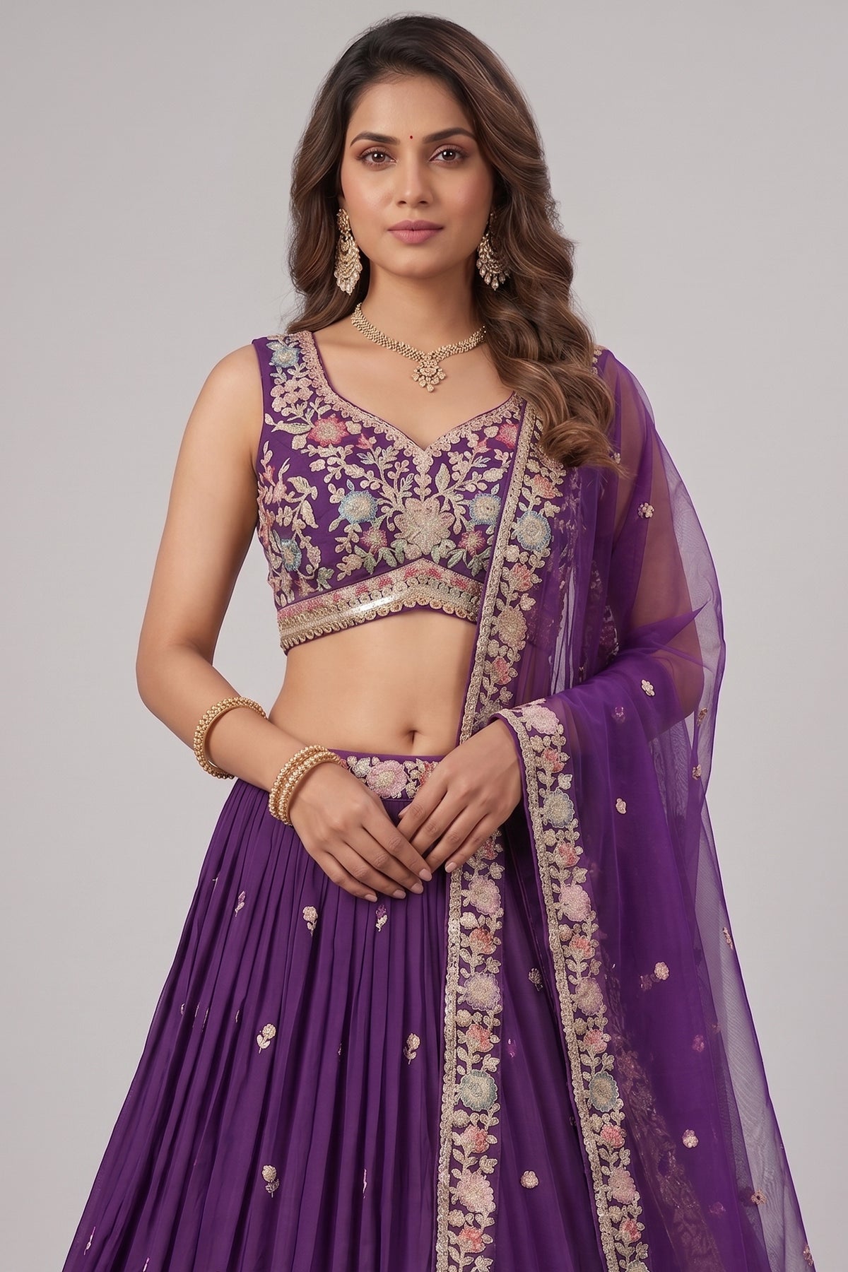 Deep Purple Pleated Georgette Lehenga Choli with Floral Embroidery