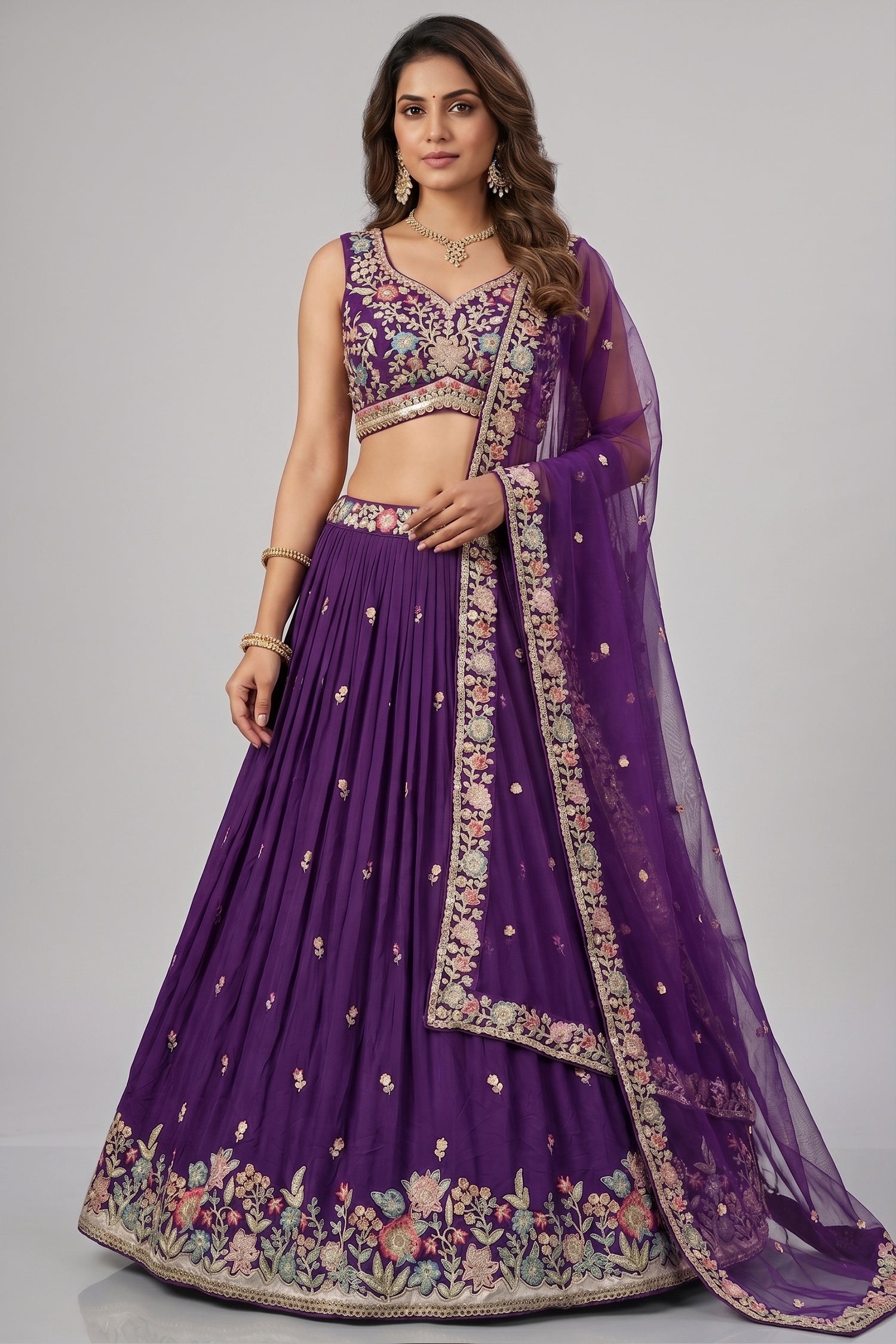 Deep Purple Pleated Georgette Lehenga Choli with Floral Embroidery Main image