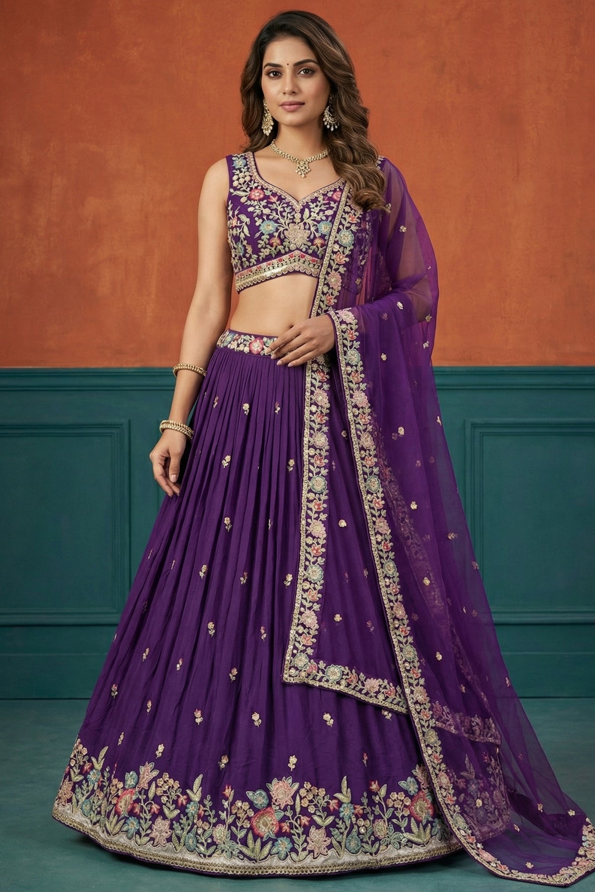 Deep Purple Pleated Georgette Lehenga Choli with Floral Embroidery