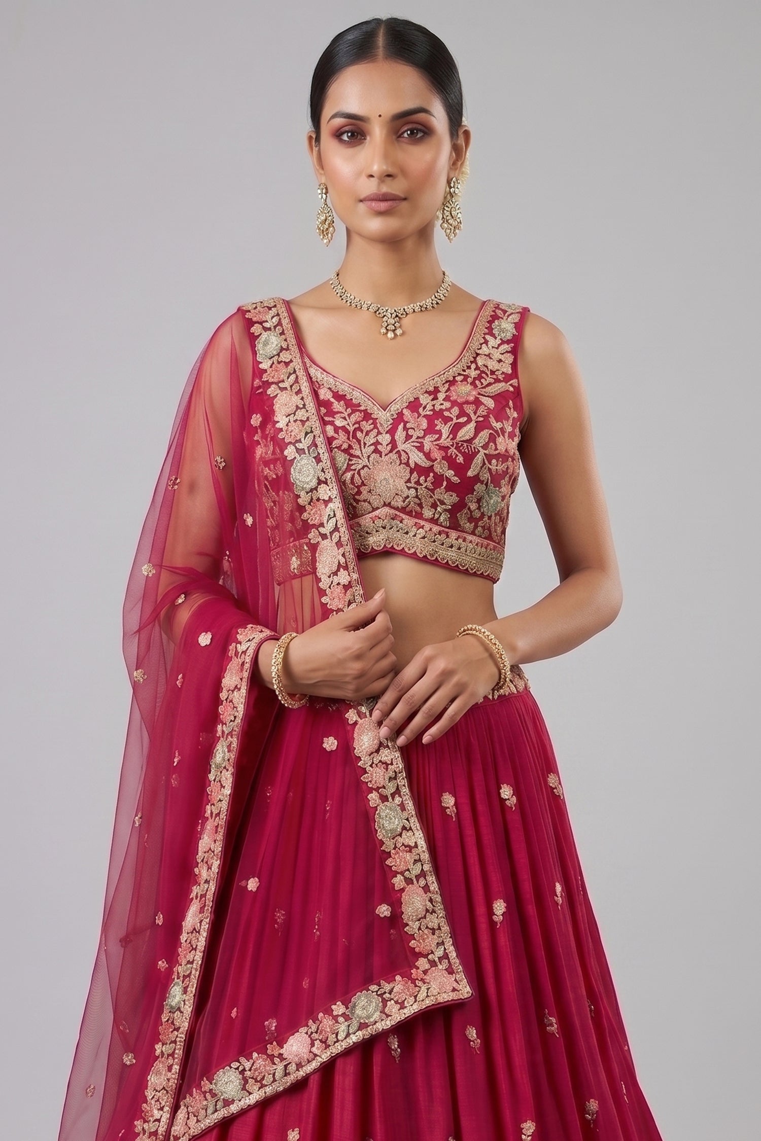 Rani Pink Pleated Georgette Lehenga Choli with Embroidered Border Secondary image