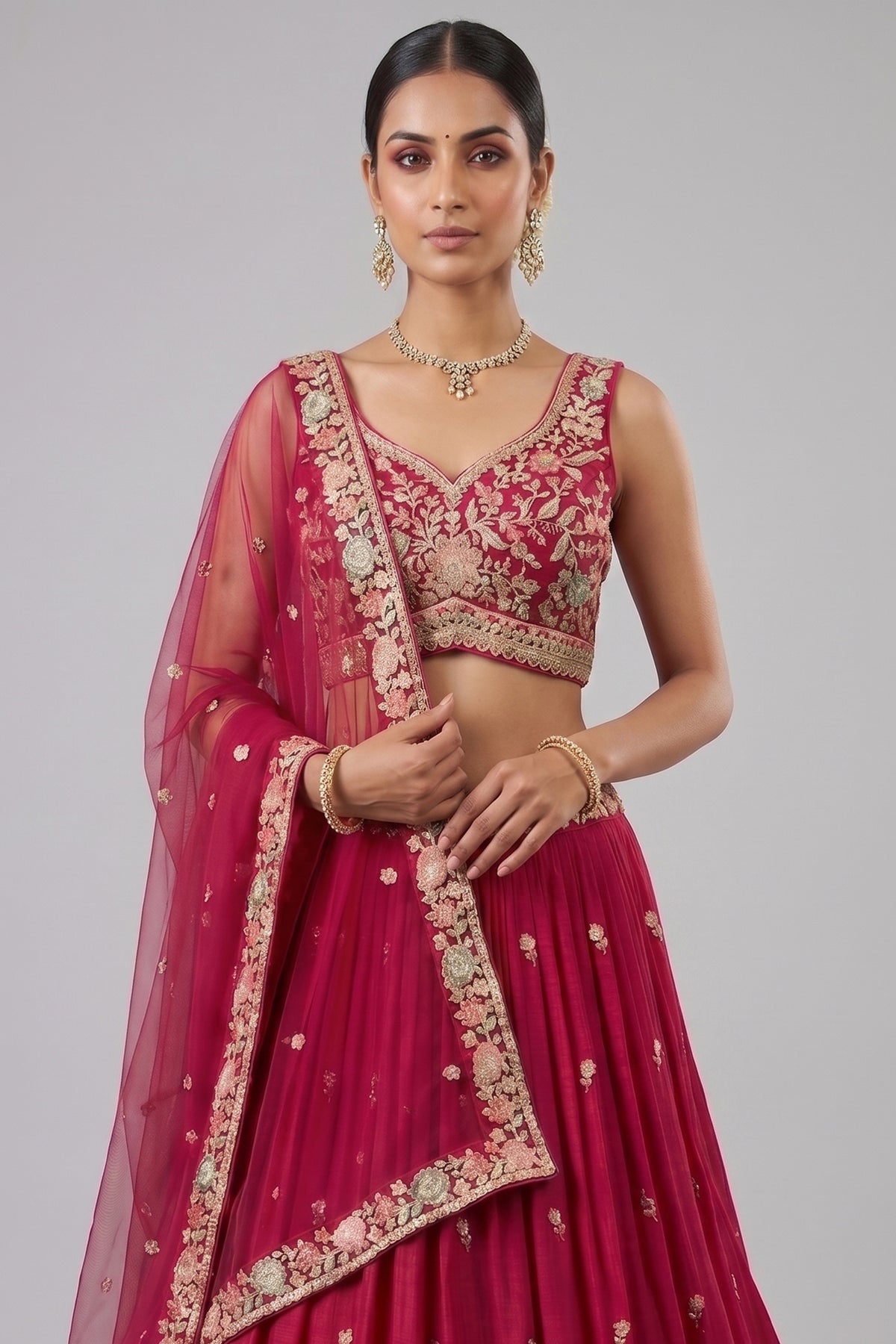 Rani Pink Pleated Georgette Lehenga Choli with Embroidered Border