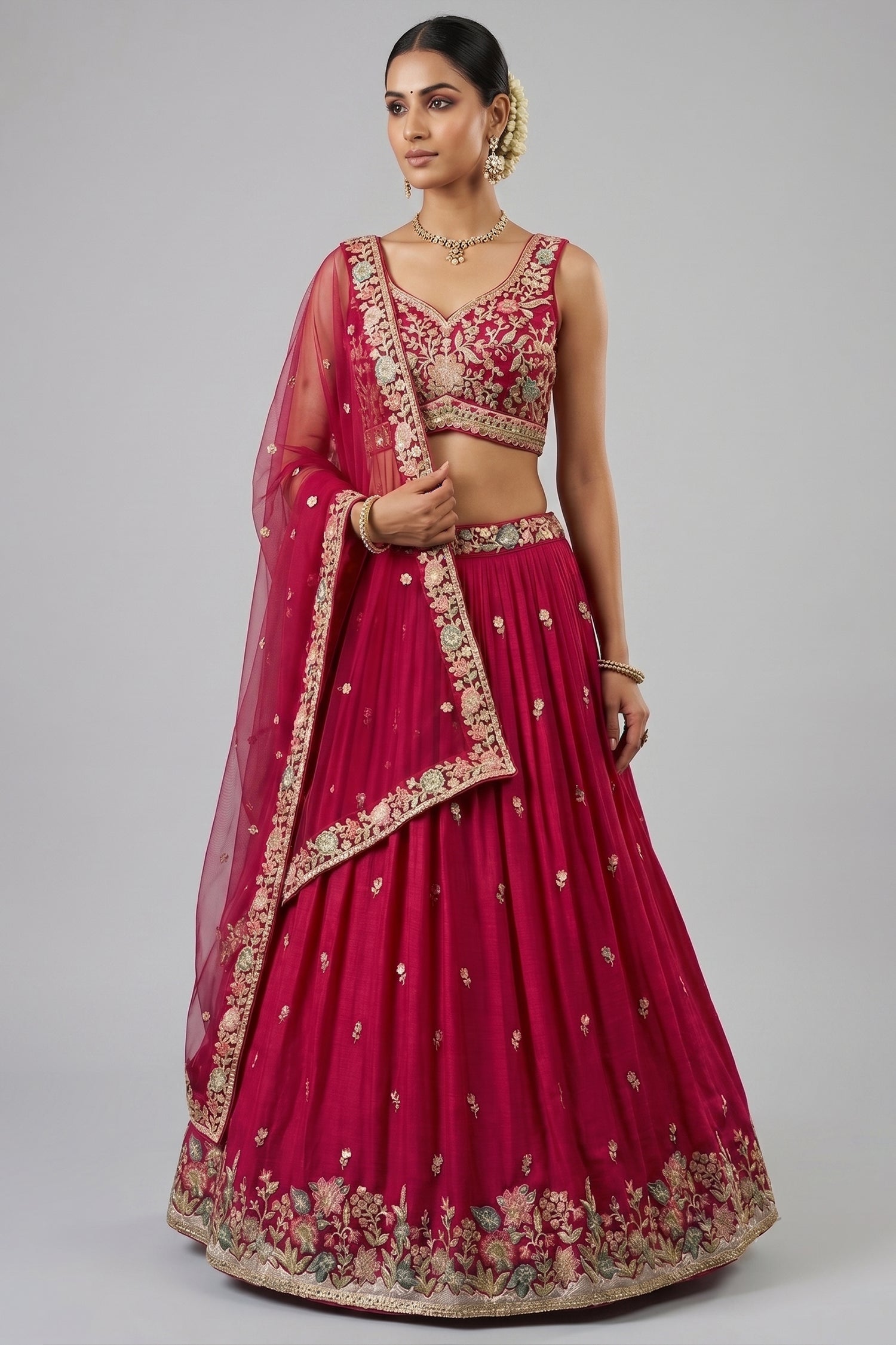 Rani Pink Pleated Georgette Lehenga Choli with Embroidered Border Main image