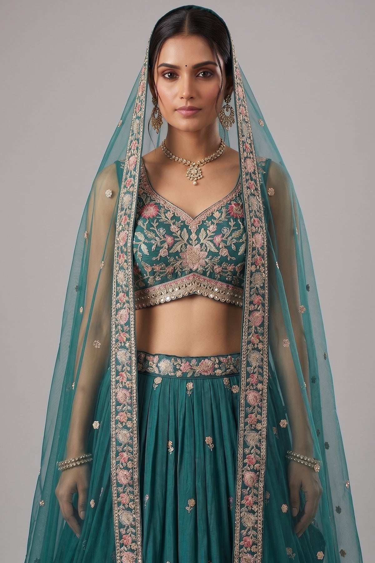 Rama Teal Pleated Georgette Lehenga Choli with Embroidered Hem