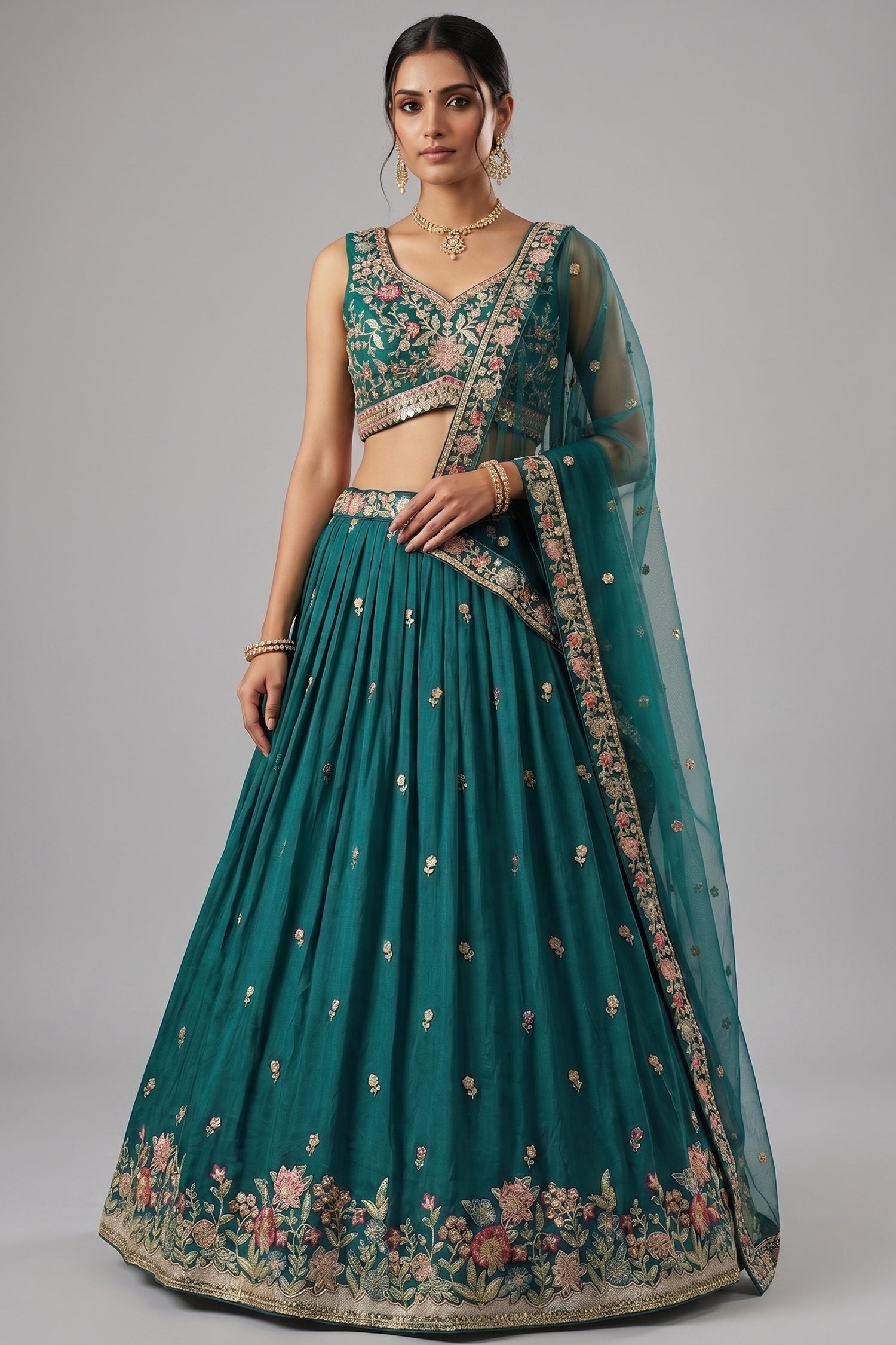 Rama Teal Pleated Georgette Lehenga Choli with Embroidered Hem Main image