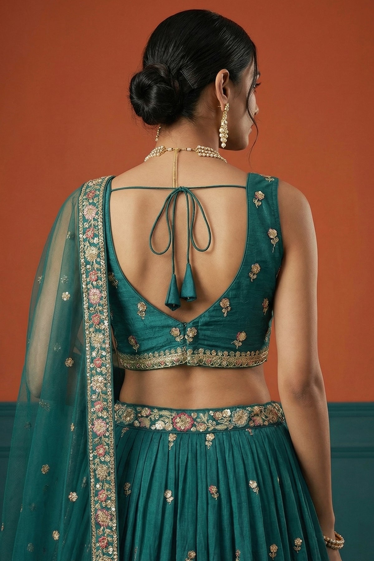 Rama Teal Pleated Georgette Lehenga Choli with Embroidered Hem