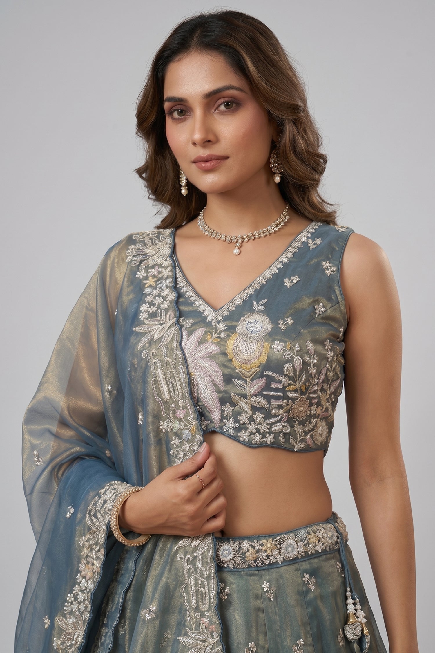 Peacock Blue Tissue Lehenga Choli with Tropical Botanical Embroidery Secondary image