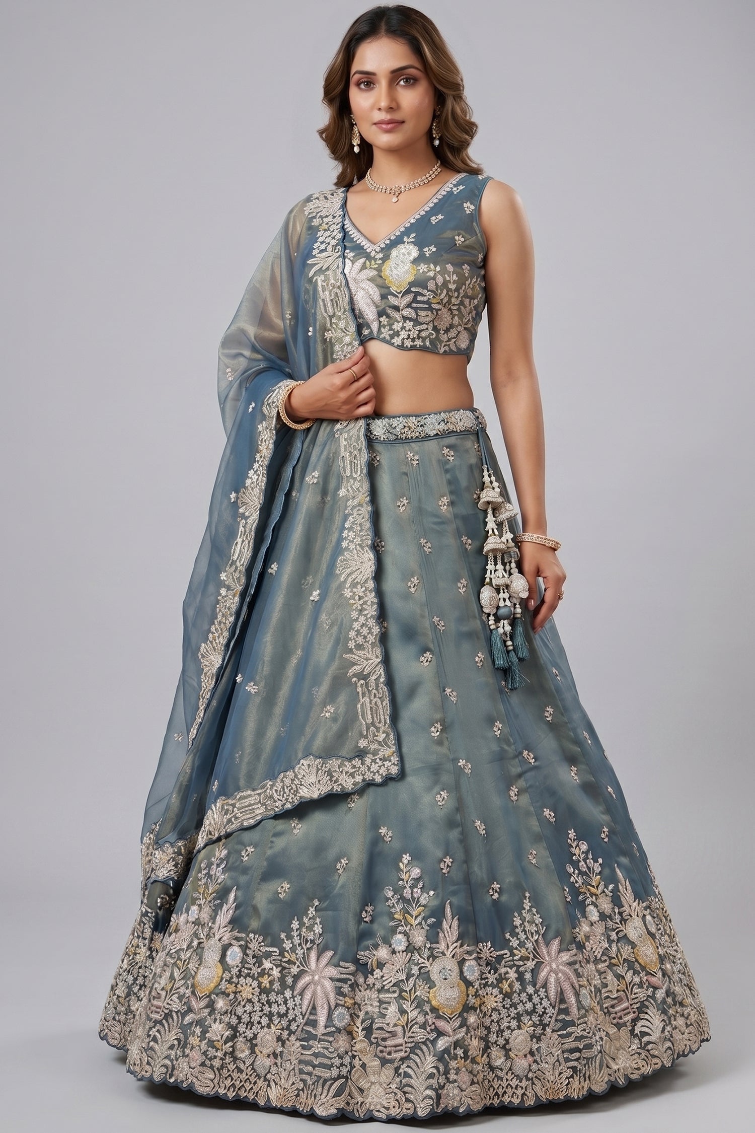 Peacock Blue Tissue Lehenga Choli with Tropical Botanical Embroidery