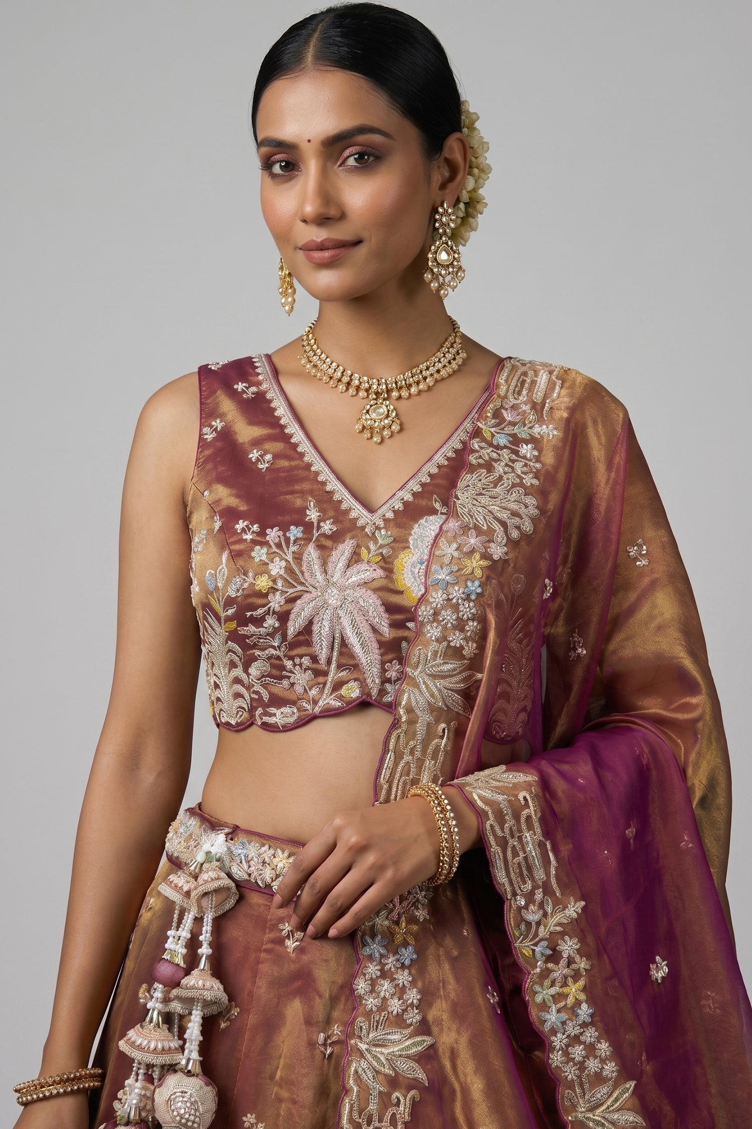 Rust Metallic Tissue Lehenga Choli with Tropical Floral Embroidery Secondary image