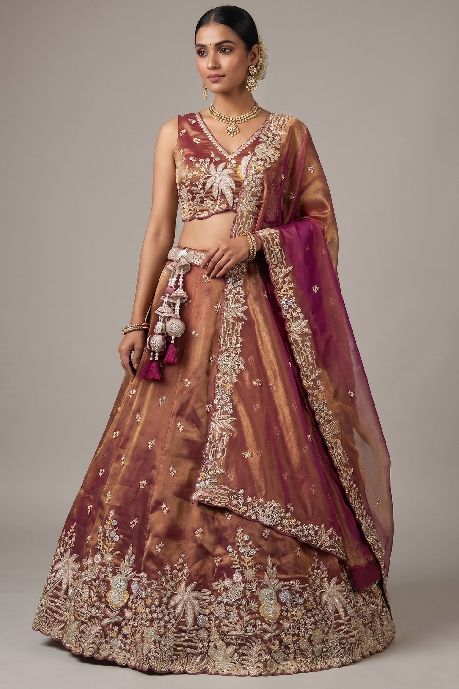 Rust Metallic Tissue Lehenga Choli with Tropical Floral Embroidery Main image