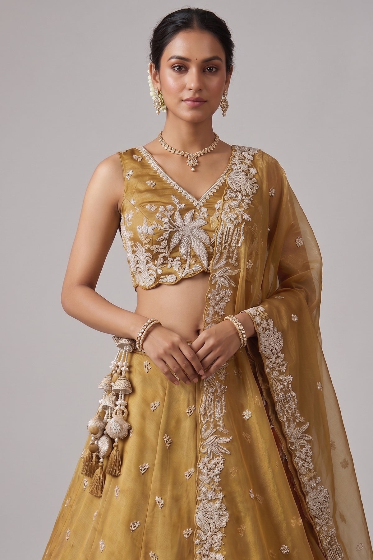 Mustard Yellow Tissue Lehenga Choli with Botanical Zardozi Embroidery
