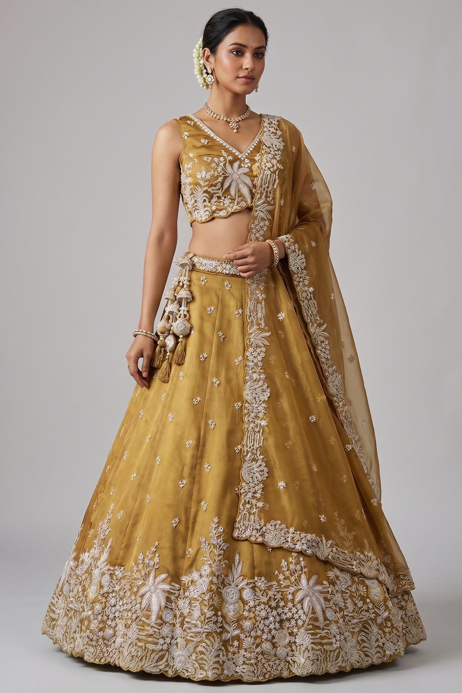 Mustard Yellow Tissue Lehenga Choli with Botanical Zardozi Embroidery Main image