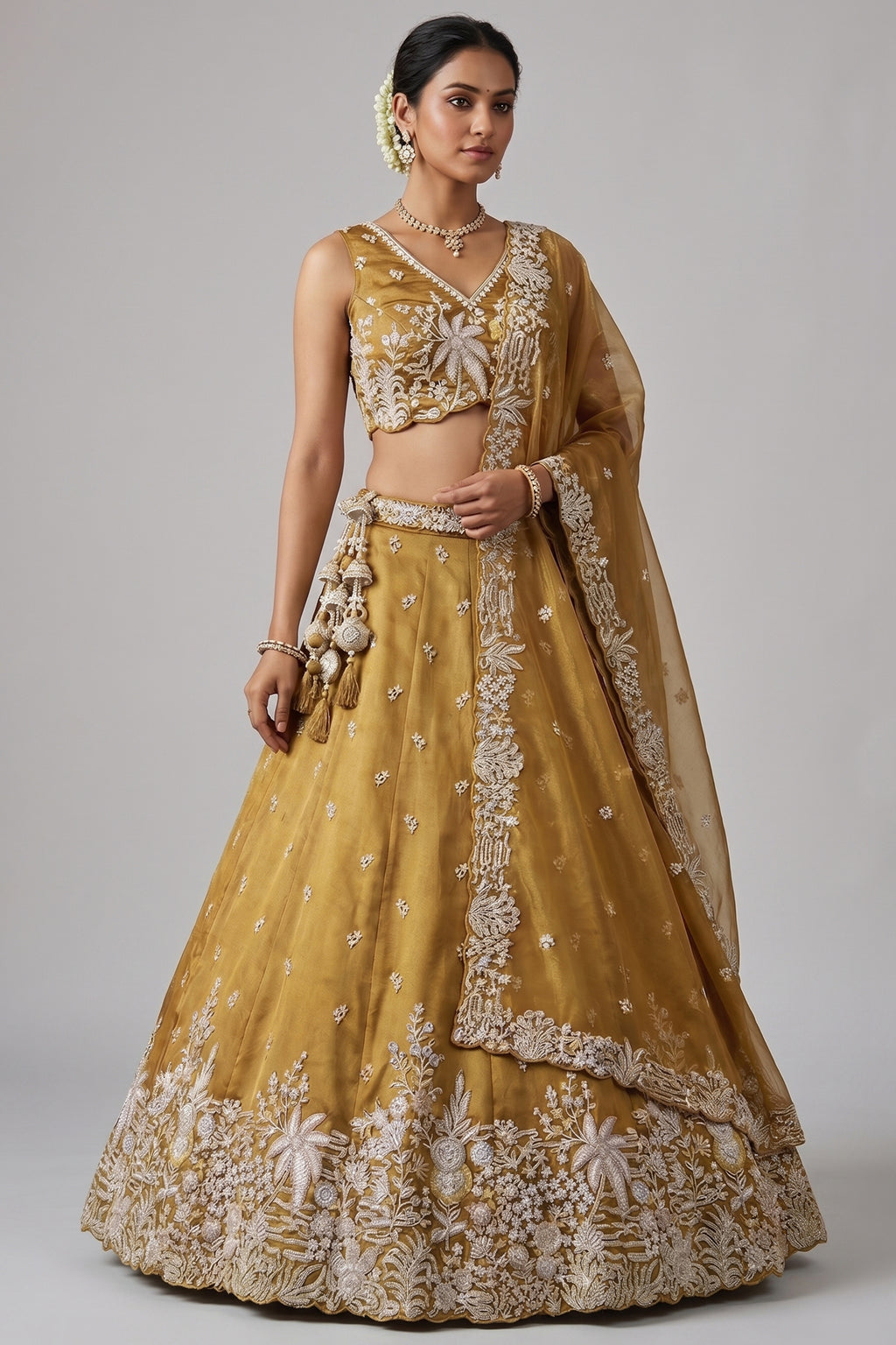Mustard Yellow Tissue Lehenga Choli with Botanical Zardozi Embroidery