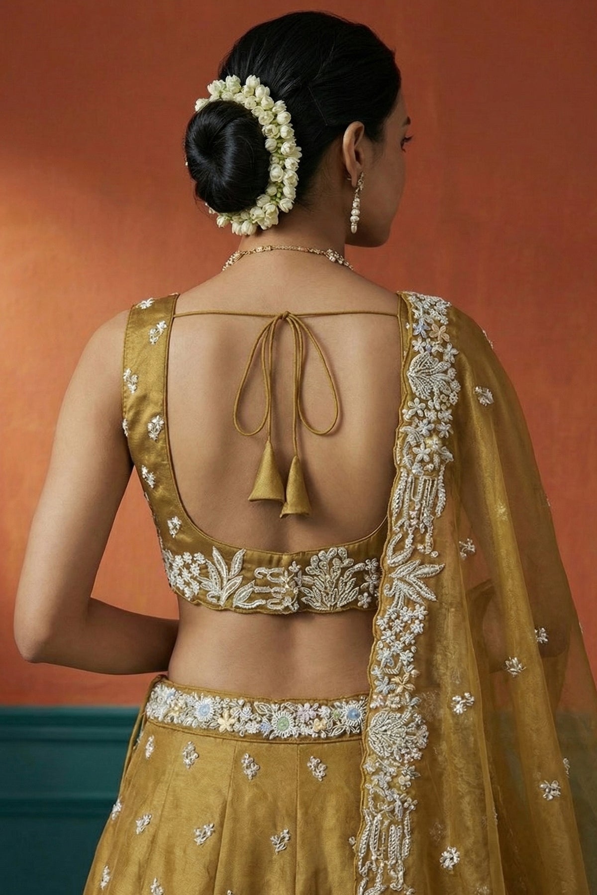 Mustard Yellow Tissue Lehenga Choli with Botanical Zardozi Embroidery
