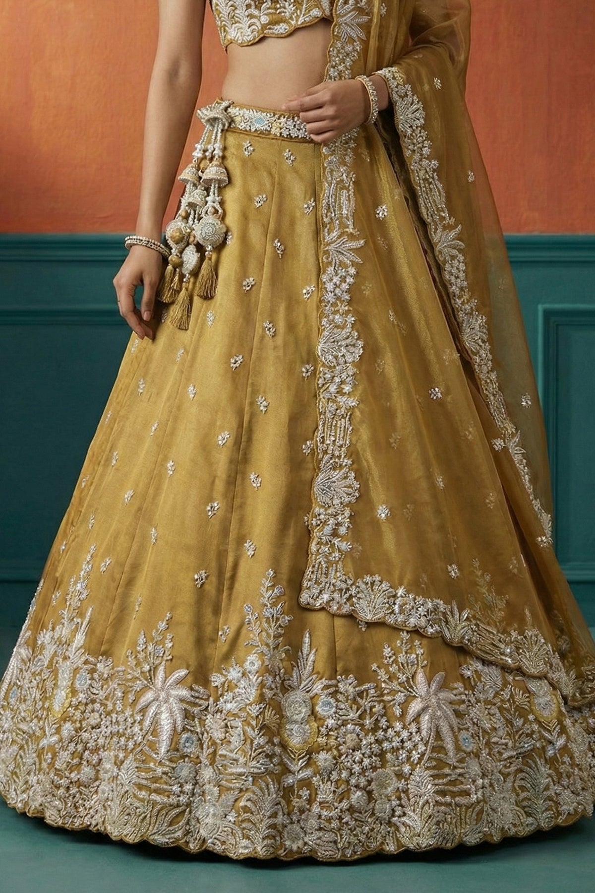 Mustard Yellow Tissue Lehenga Choli with Botanical Zardozi Embroidery