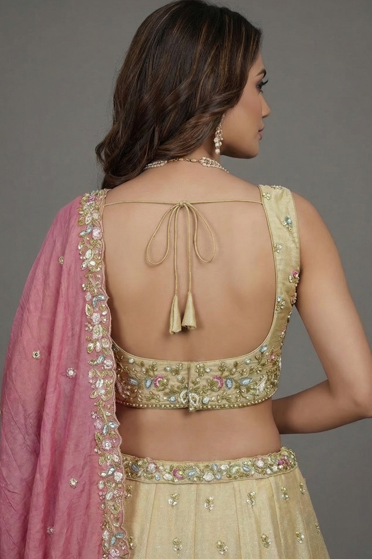 Cream Tissue Lehenga Choli with Pastel Floral Jaal and Dupatta