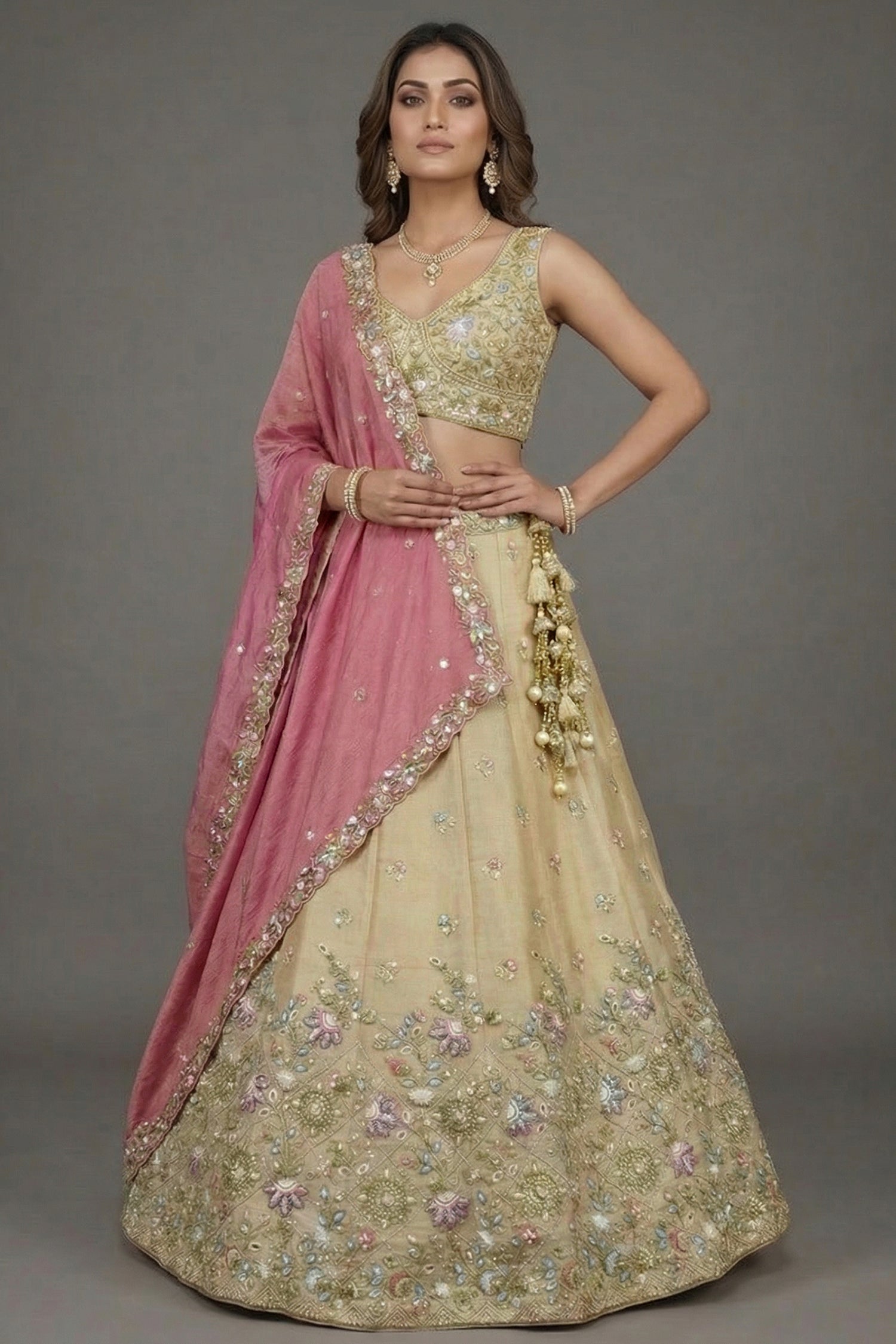 Cream Tissue Lehenga Choli with Pastel Floral Jaal and Dupatta Main image
