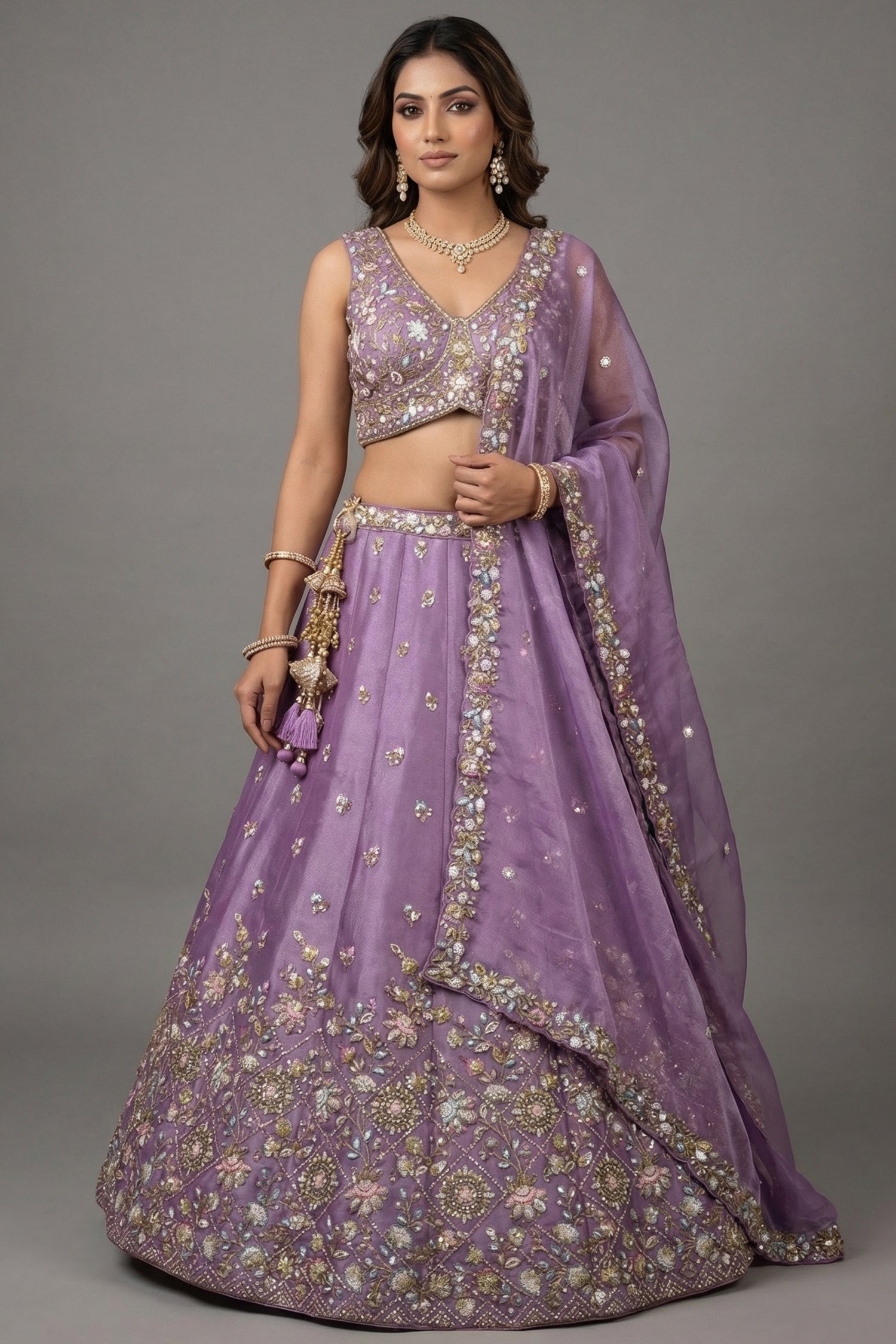 Lavender Tissue Lehenga Choli with Floral Medallion Embroidery Main image