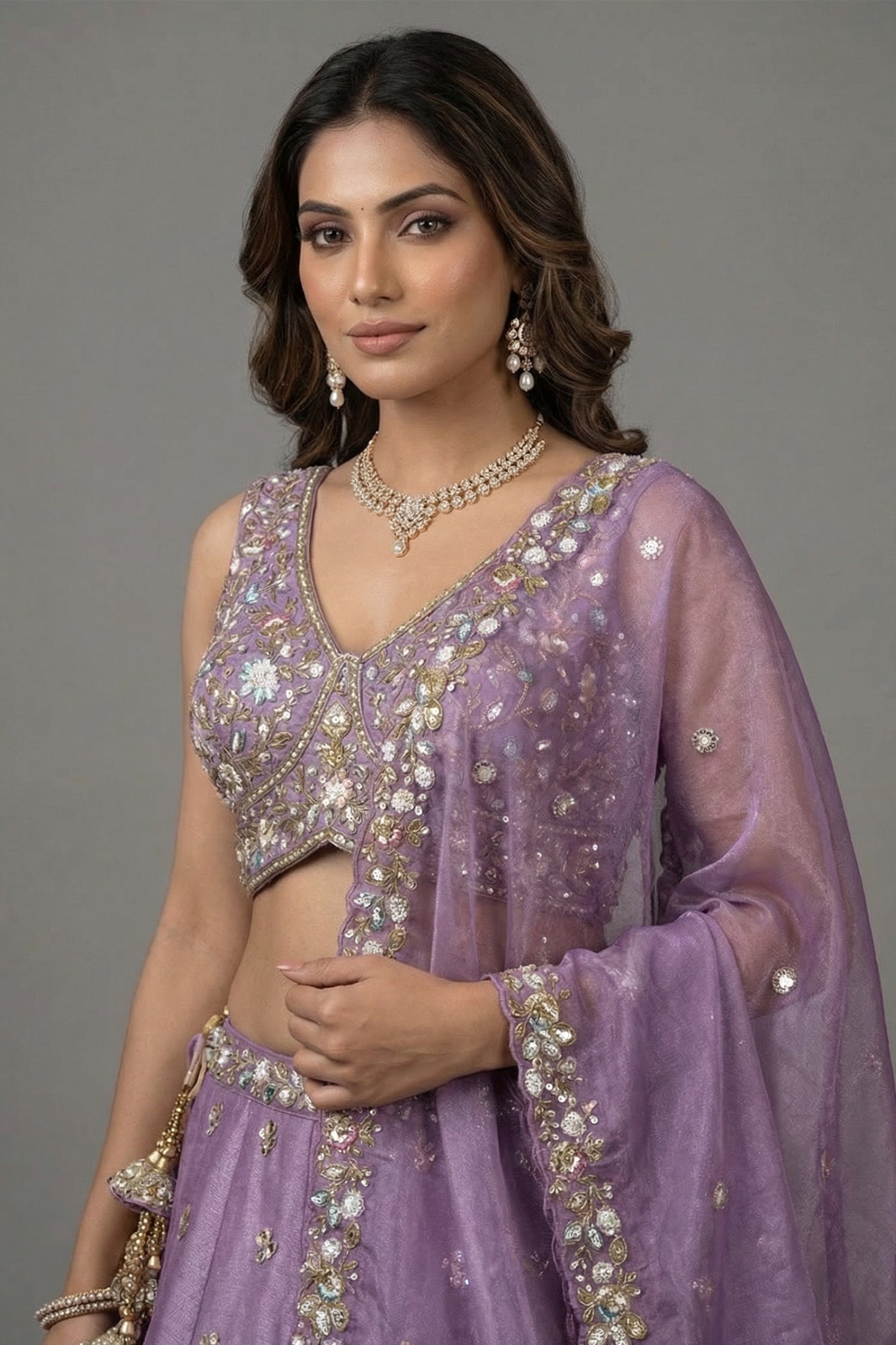 Lavender Tissue Lehenga Choli with Floral Medallion Embroidery Secondary image